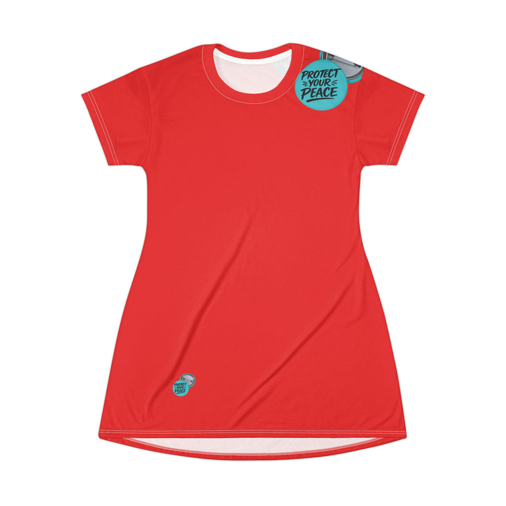 Protect Your Peace Red T-Shirt Dress — Casual AOP Dress with 'Protect Your Peace' Badge