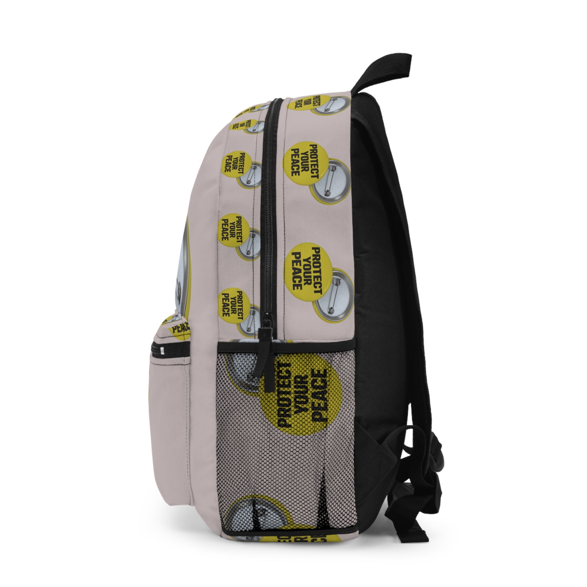 Protect Your Peace Backpack — Yellow Pin-Button Pattern School & Travel Bag