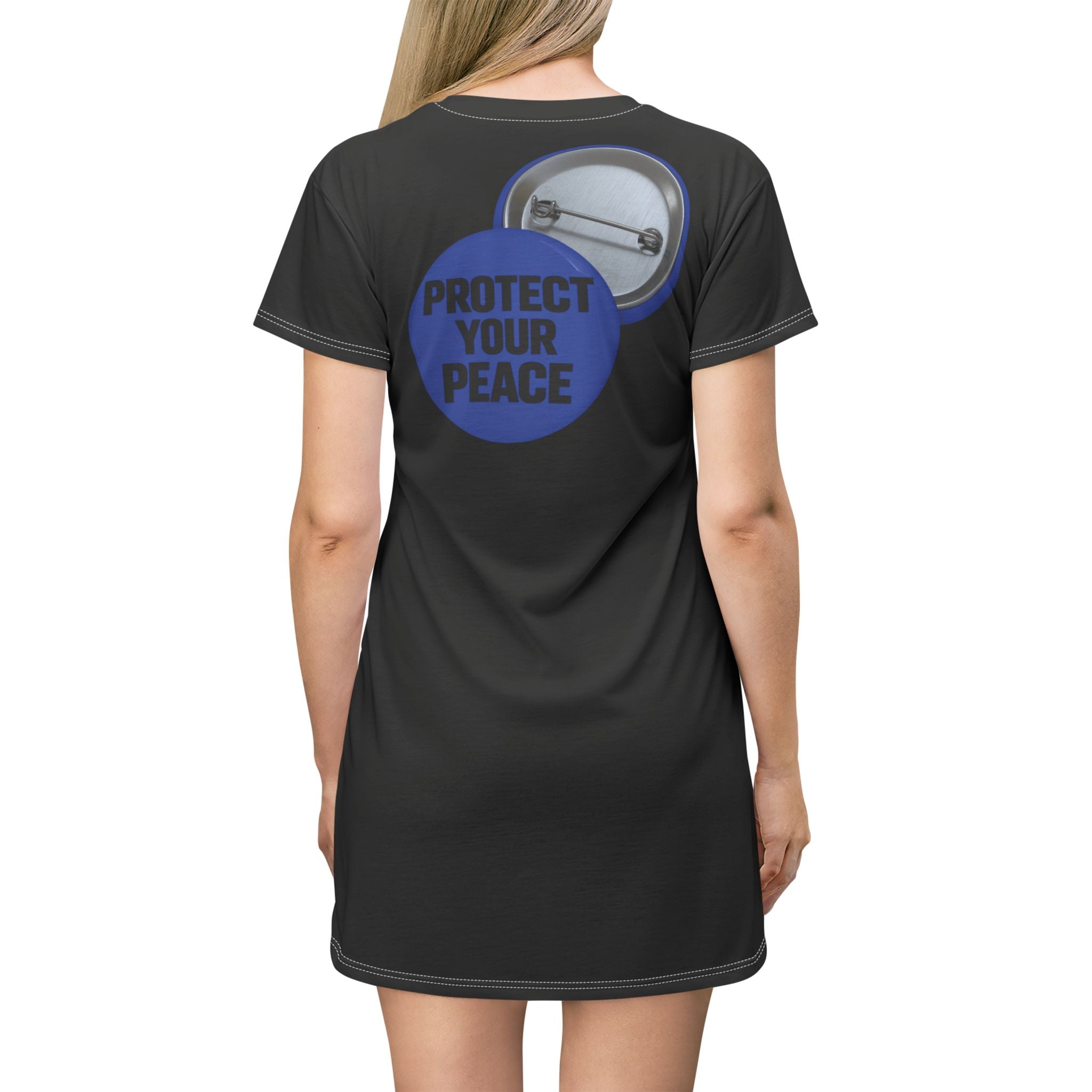 Protect Your Peace Button T‑Shirt Dress — Relaxed AOP Graphic Dress