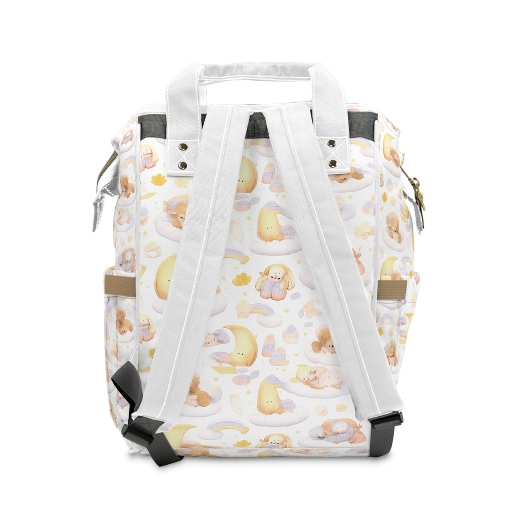 Diaper Backpack — Pastel Baby Cloud Print with “God Stands in the Congregation of the Mighty” Front Pocket
