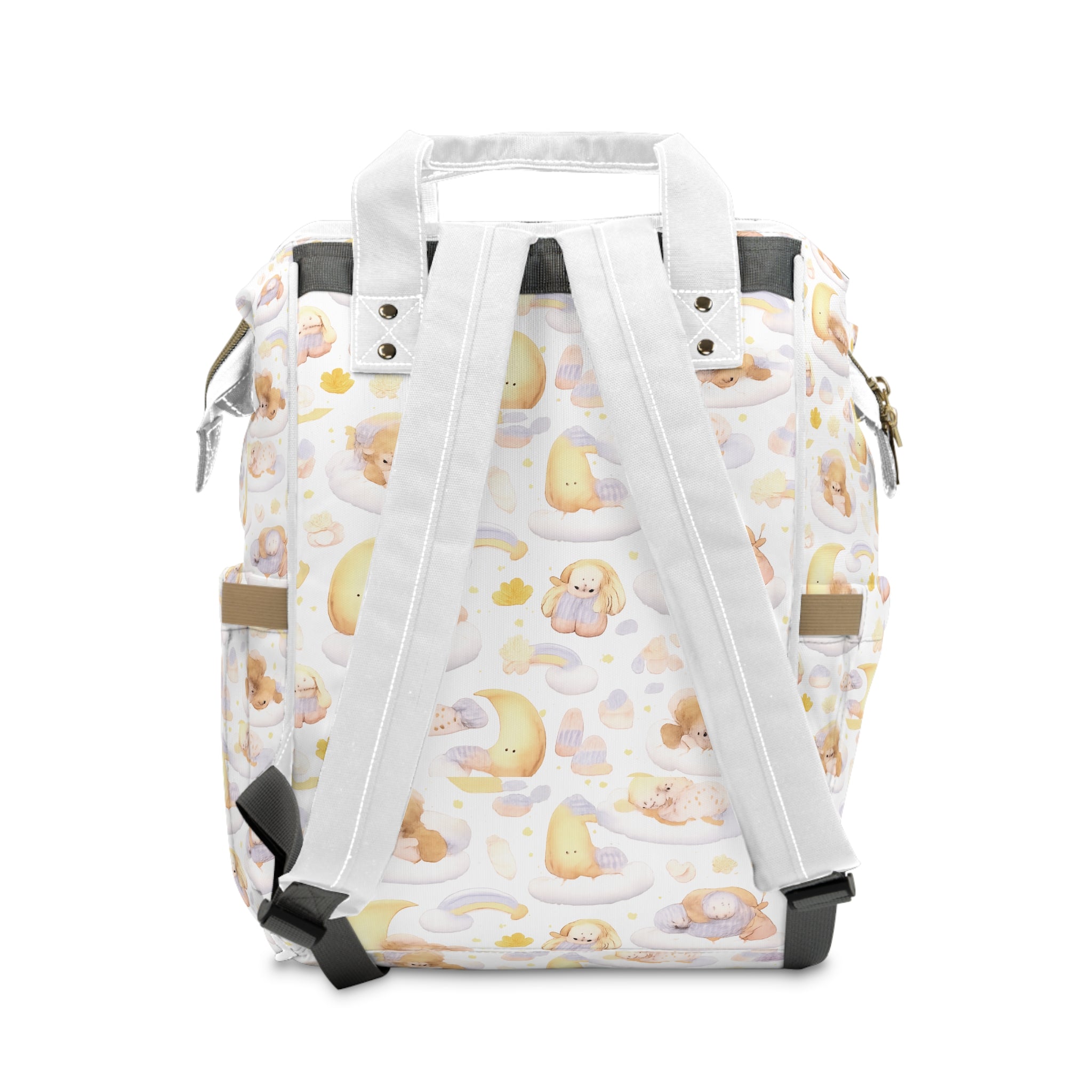 Diaper Backpack — Pastel Baby Cloud Print with “God Stands in the Congregation of the Mighty” Front Pocket