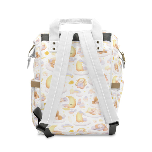 Diaper Backpack — Pastel Baby Cloud Print with “God Stands in the Congregation of the Mighty” Front Pocket