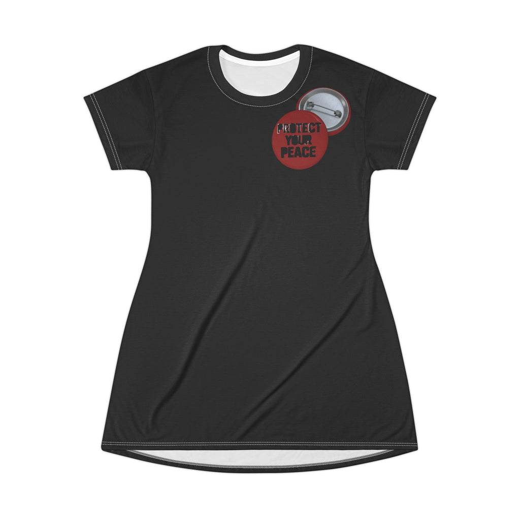T-Shirt Dress — "Protect Your Peace" Button Graphic AOP Dress