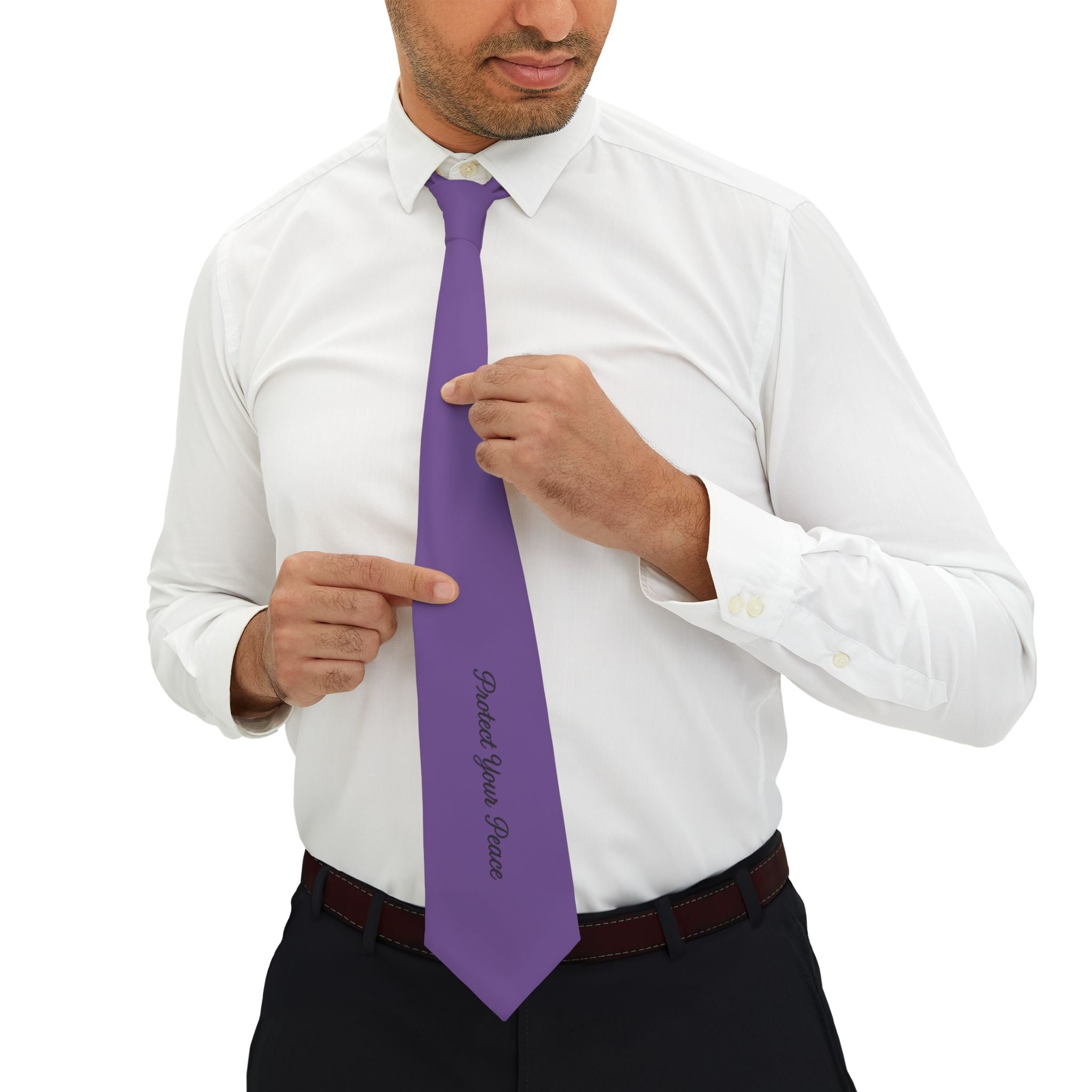 Purple "Protect your peace" Necktie — Slim Formal Tie with Script Accent
