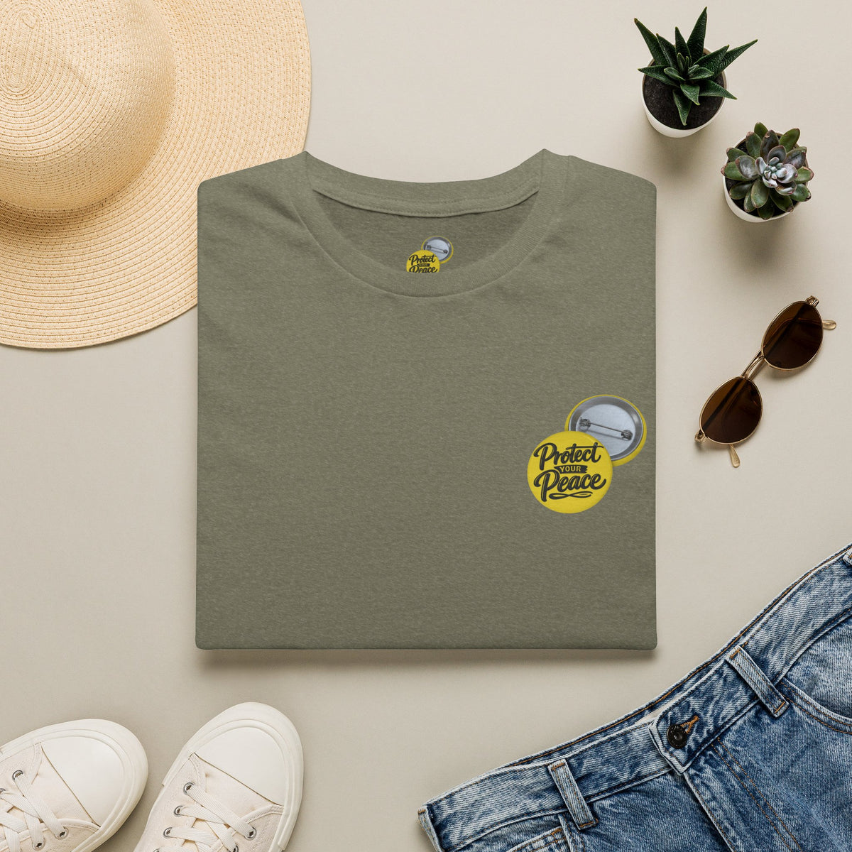 T-Shirt — 'Protect the Peace' Yellow Badge Casual Tee