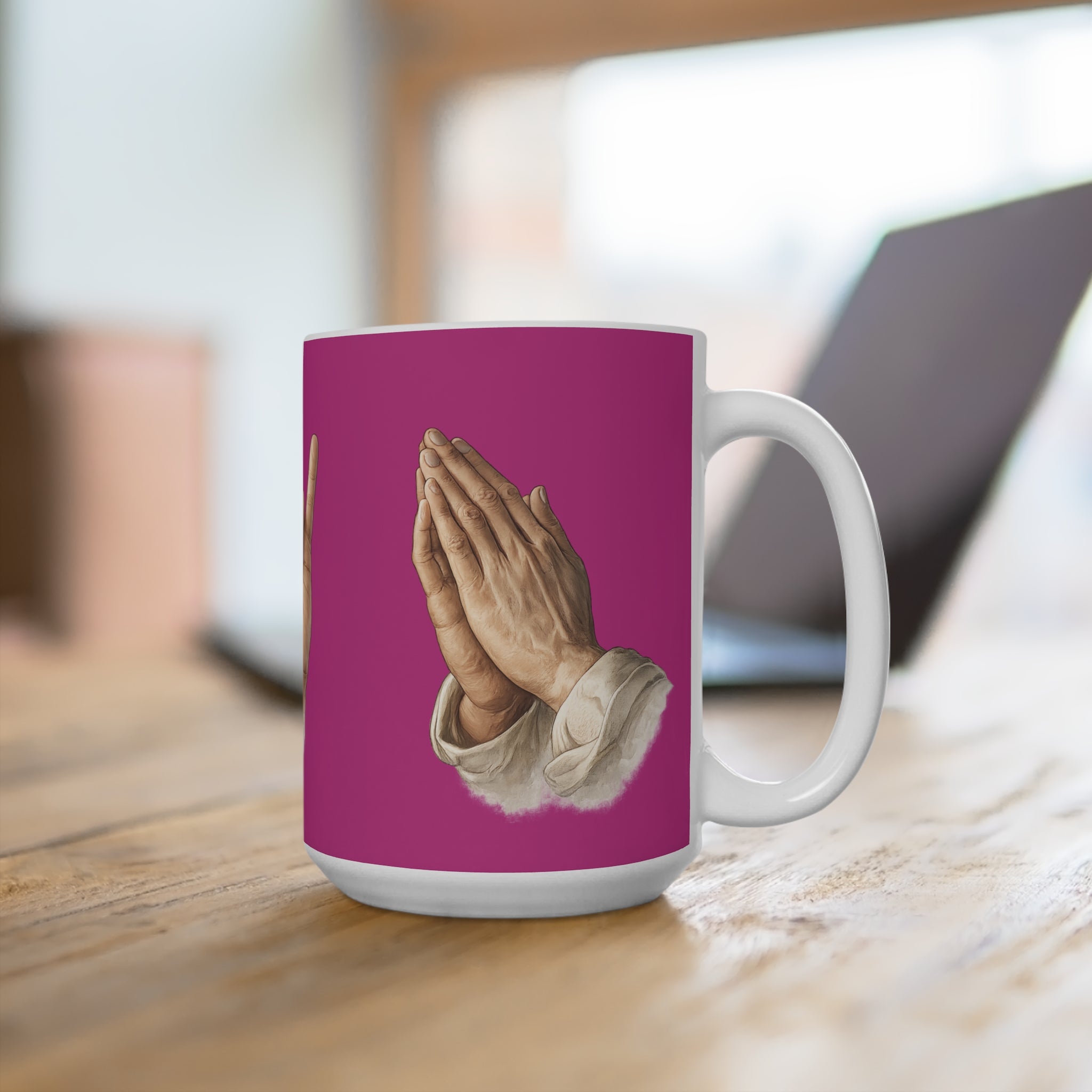 15oz Mug — Pink Prayer & Love Hand Illustration Coffee Cup