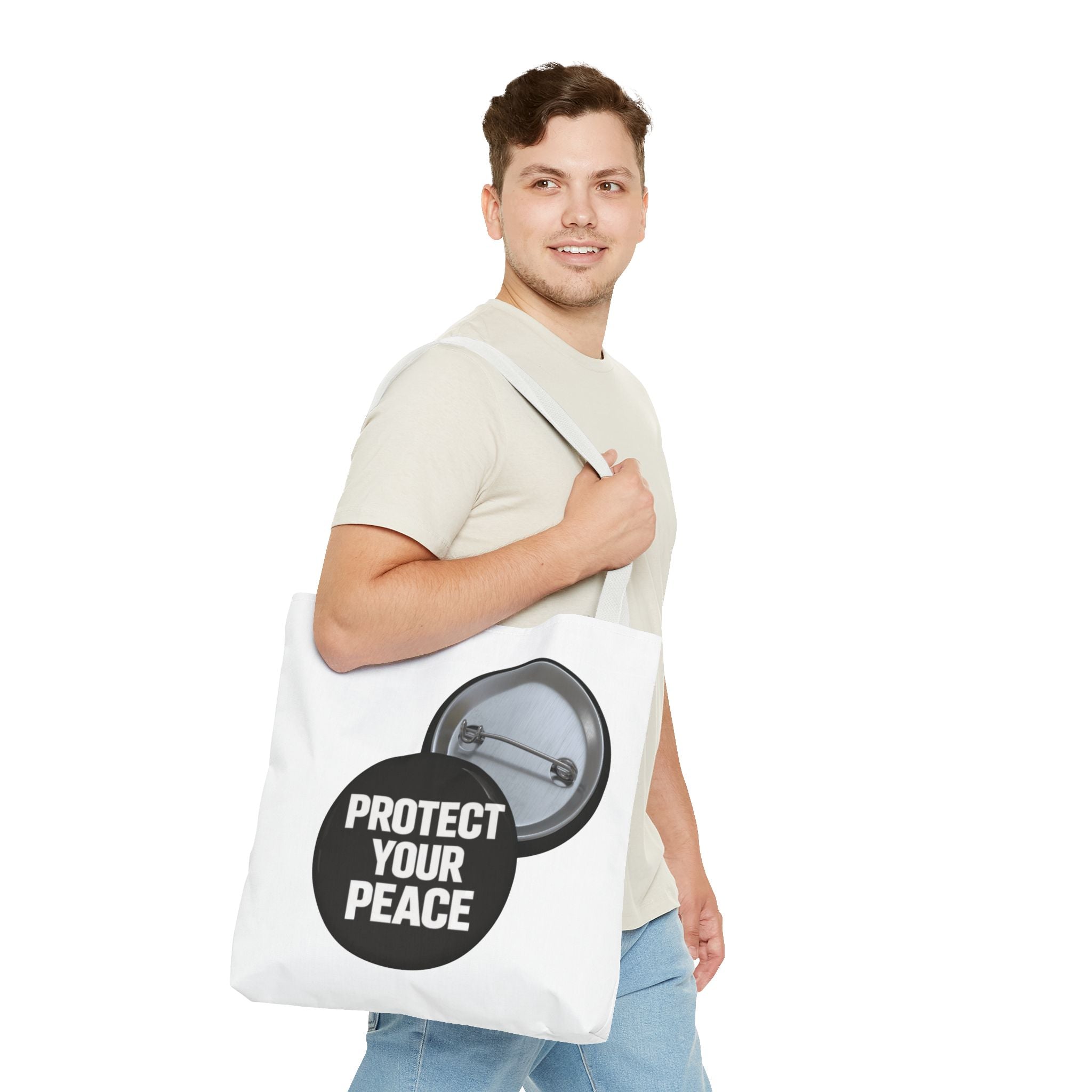 Tote — "Protect Your Peace" Button Design Cotton Tote Bag
