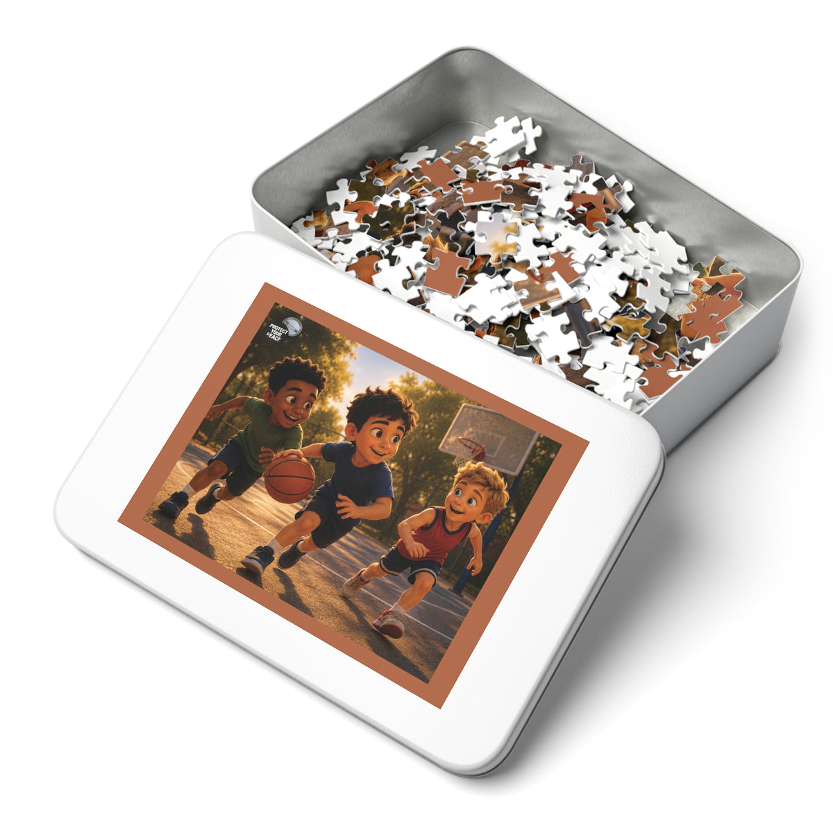 Kids Basketball Jigsaw Puzzle Tin — Playful Court Scene Puzzle Gift