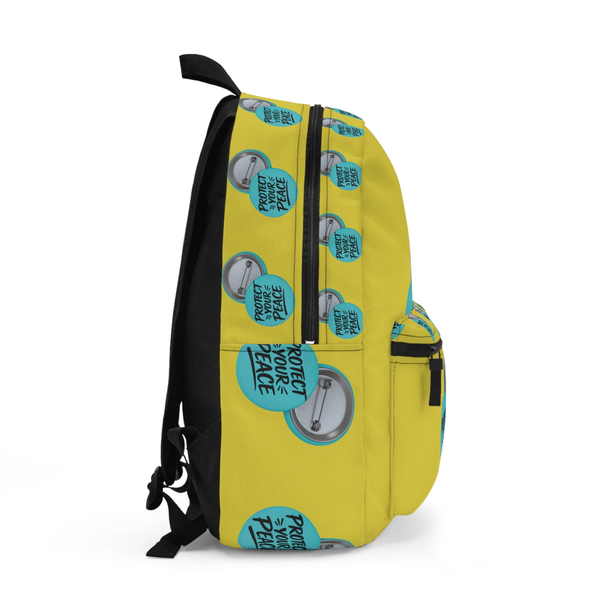 Protect Your Peace Backpack — Yellow Button Badge Pattern School Bag
