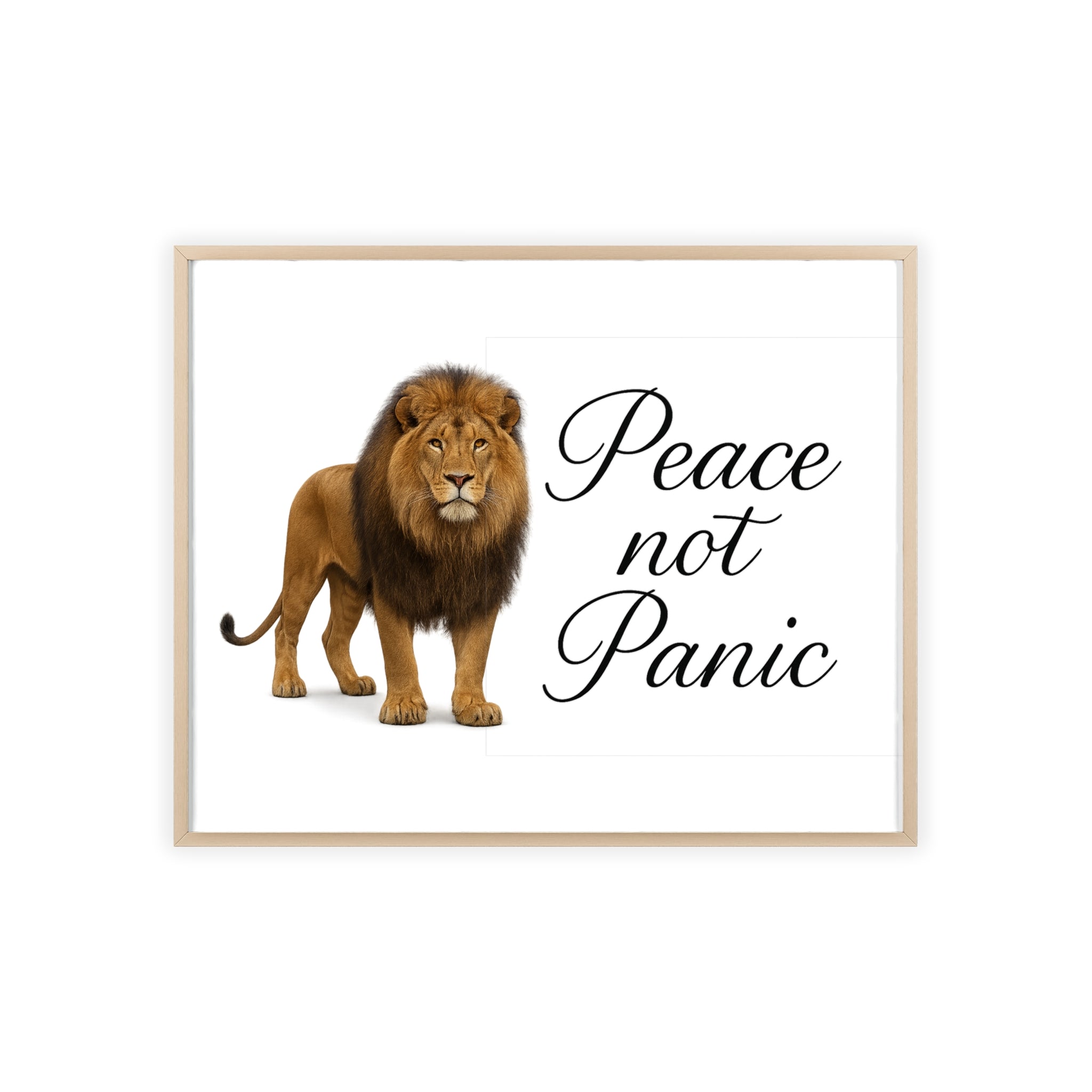 Peace Not Panic Lion Poster with Wooden Frame — Calming Wall Art for Home & Office