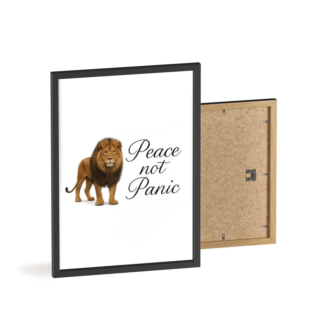 Peace Not Panic Lion Poster with Wooden Frame — Calming Wall Art for Home & Office