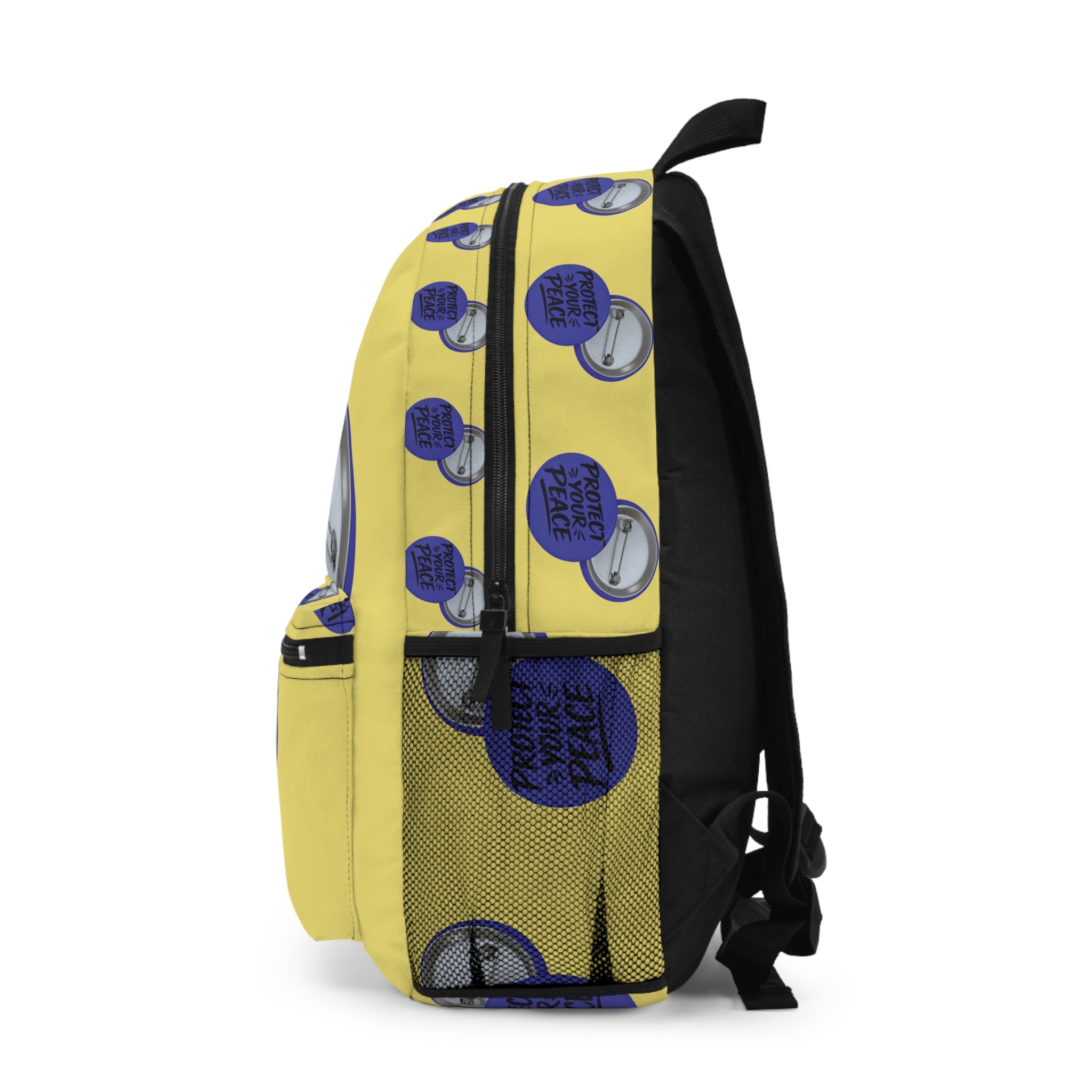 Protect Your Peace Button Backpack — Yellow Pin-Button Pattern School Bag