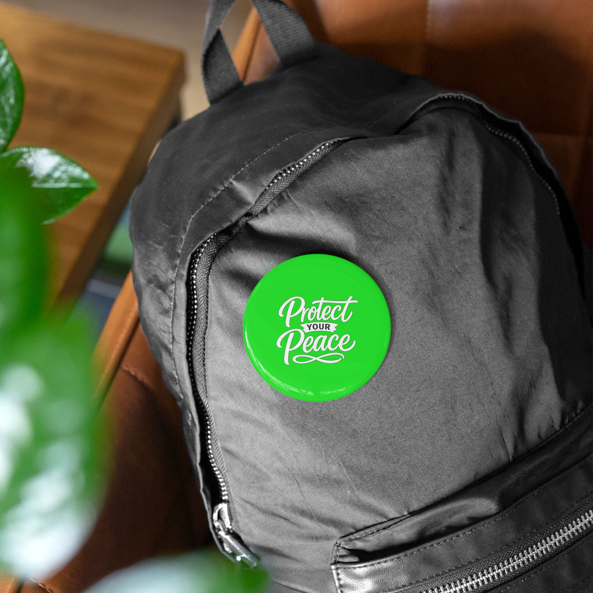 Protect Your Peace Round Pin — Motivational Green Button Badge