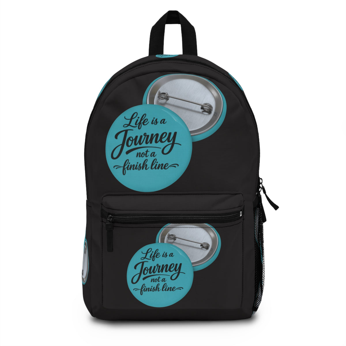Inspirational Backpack — "Life Is a Journey, Not a Finish Line" graphic design.
