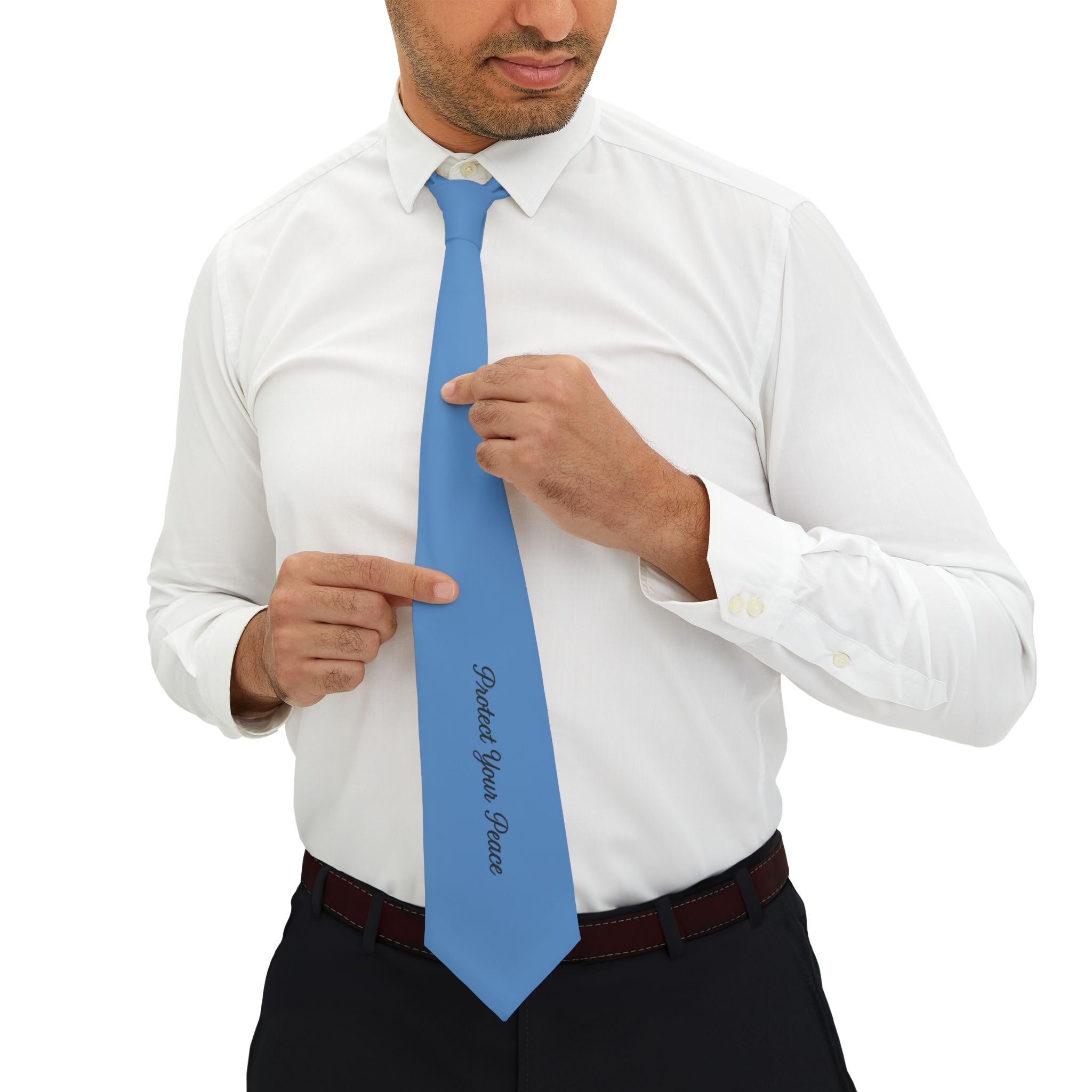 Solid Sky Blue Necktie with Script "Protect Your Peace" – Elegant Wedding & Groom Tie