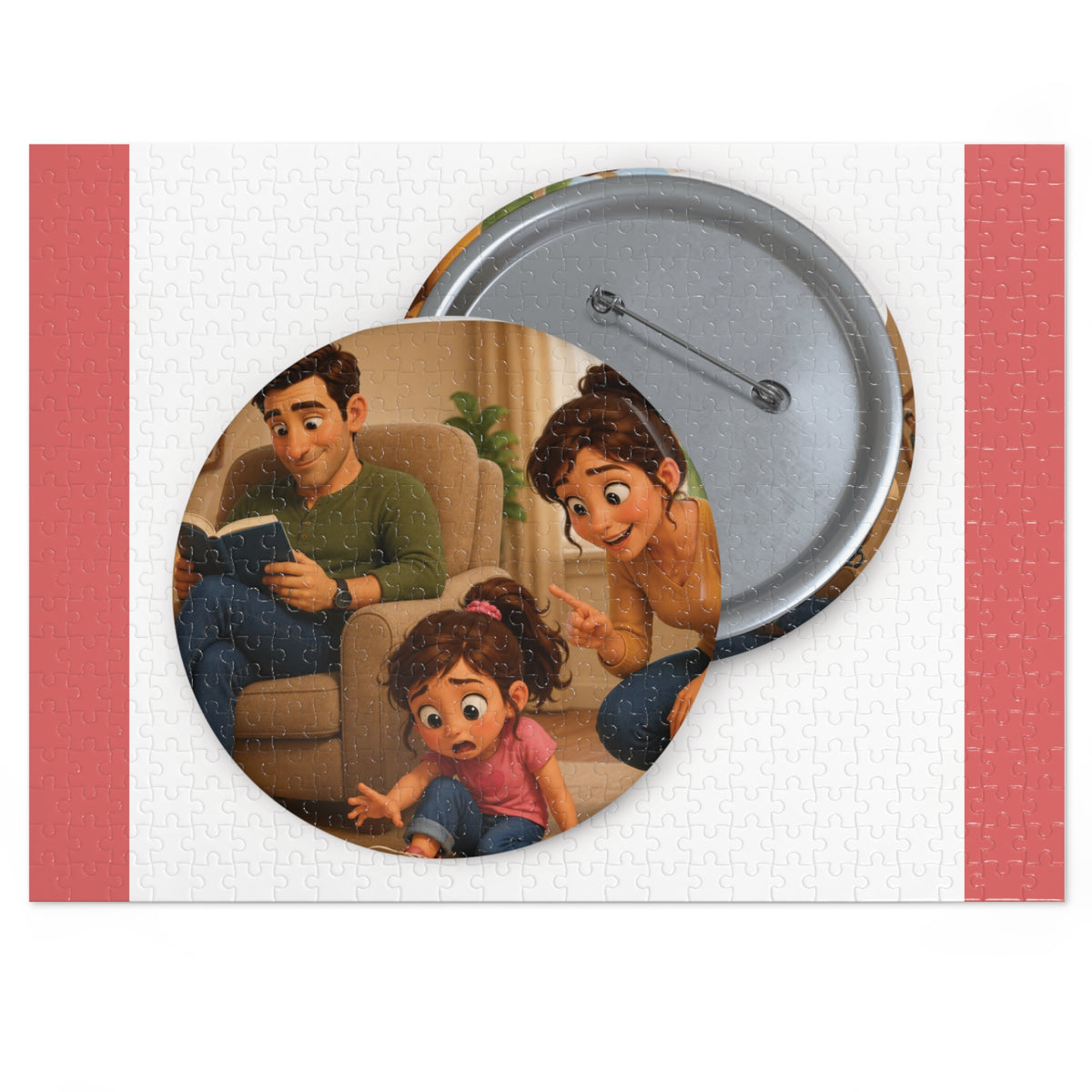 Family Moment 252-Piece Round Tin Puzzle — Cute Parents & Kid Illustration