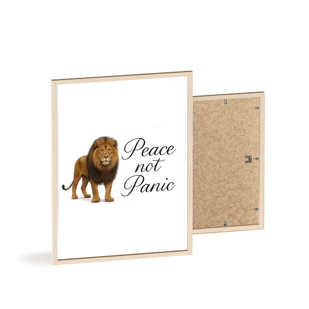 Peace Not Panic Lion Poster with Wooden Frame — Calming Wall Art for Home & Office