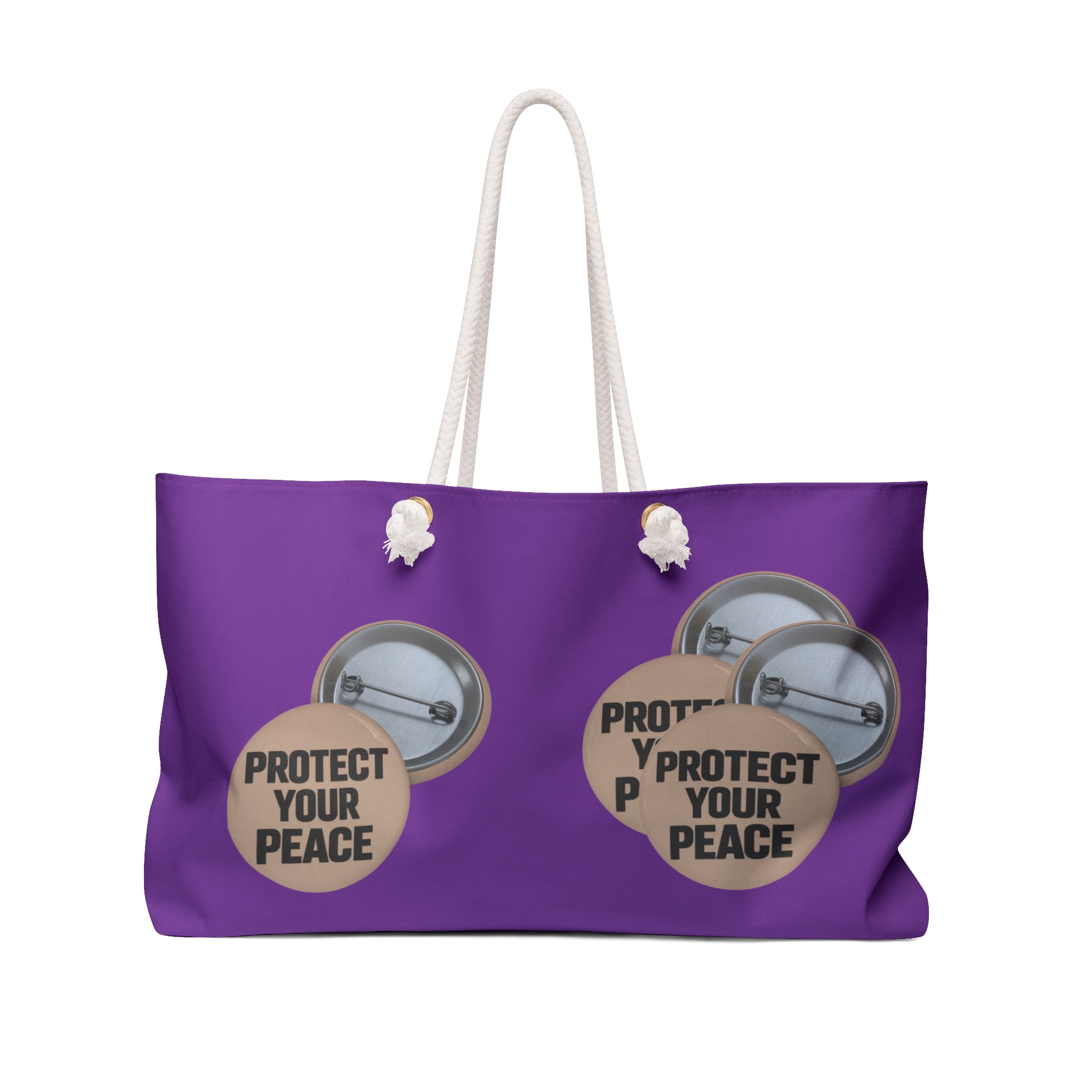 Protect Your Peace Weekender Bag – Purple Travel Tote with Button Badge Graphic