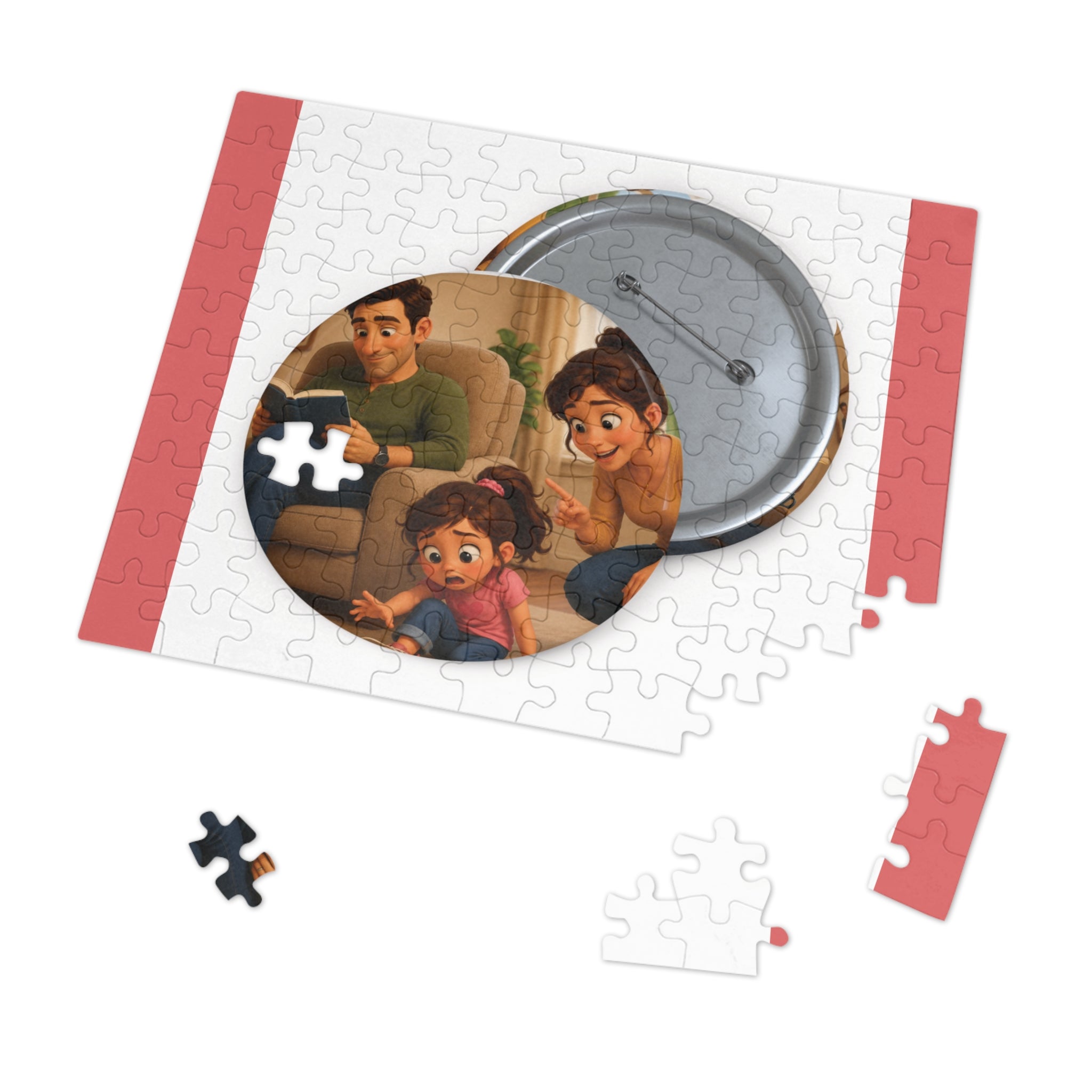 Family Moment 252-Piece Round Tin Puzzle — Cute Parents & Kid Illustration