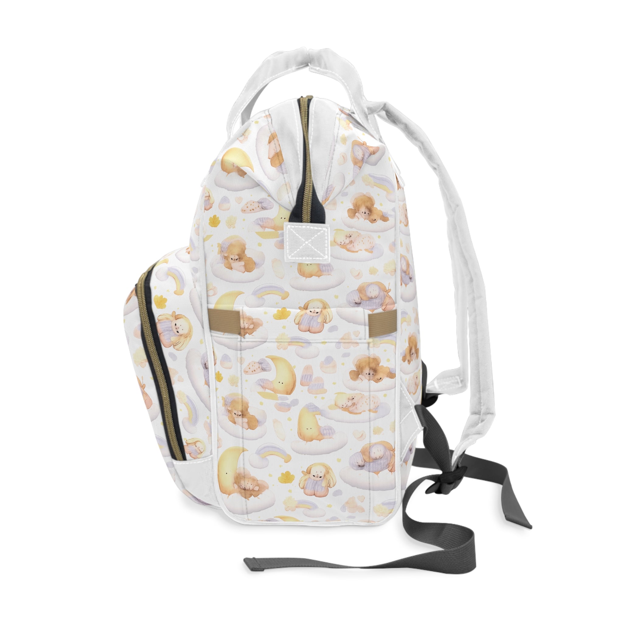 Diaper Backpack — Pastel Baby Cloud Print with “God Stands in the Congregation of the Mighty” Front Pocket