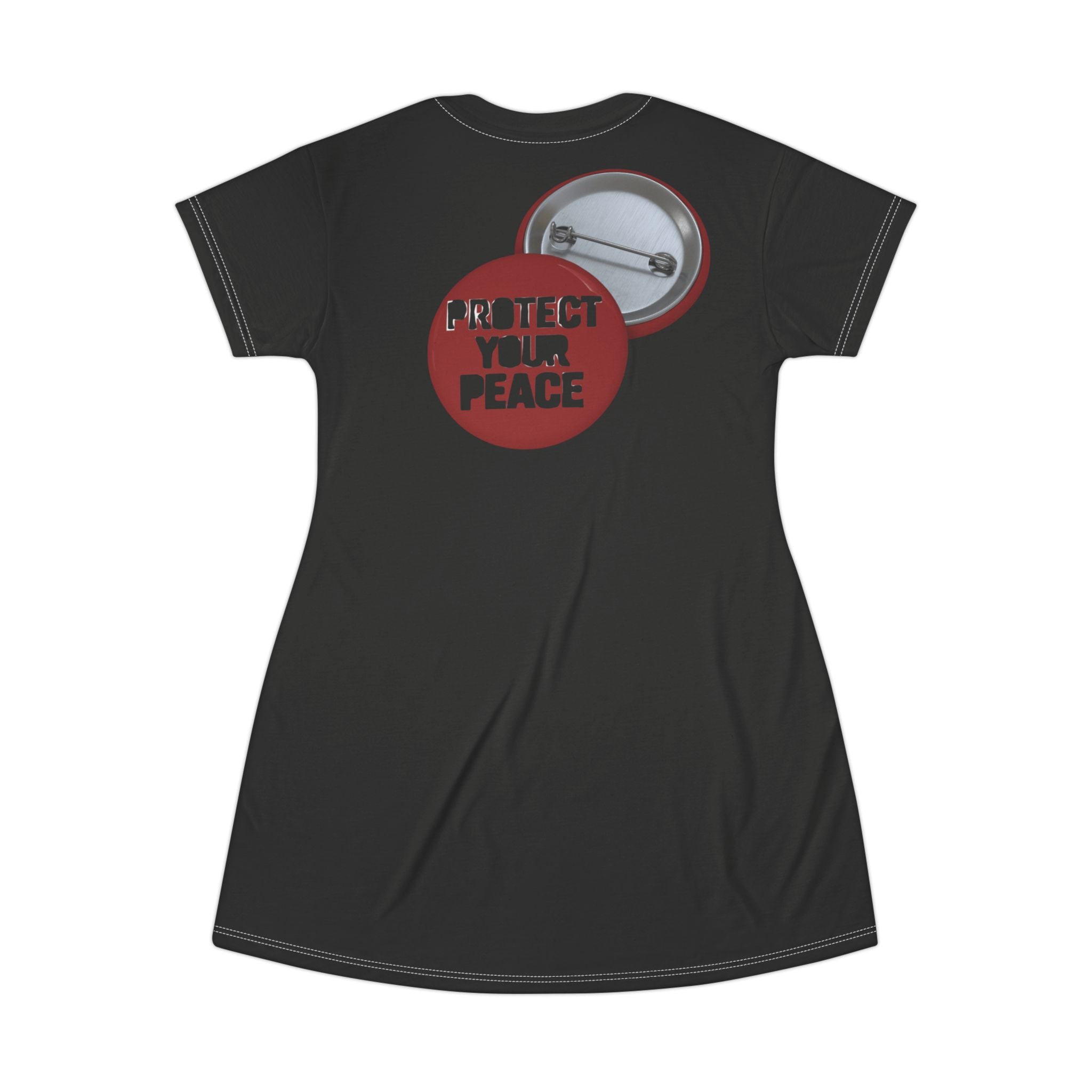 Protect Your Peace T-Shirt Dress — Black AOP Casual Mini Dress with Button Pin Graphic
