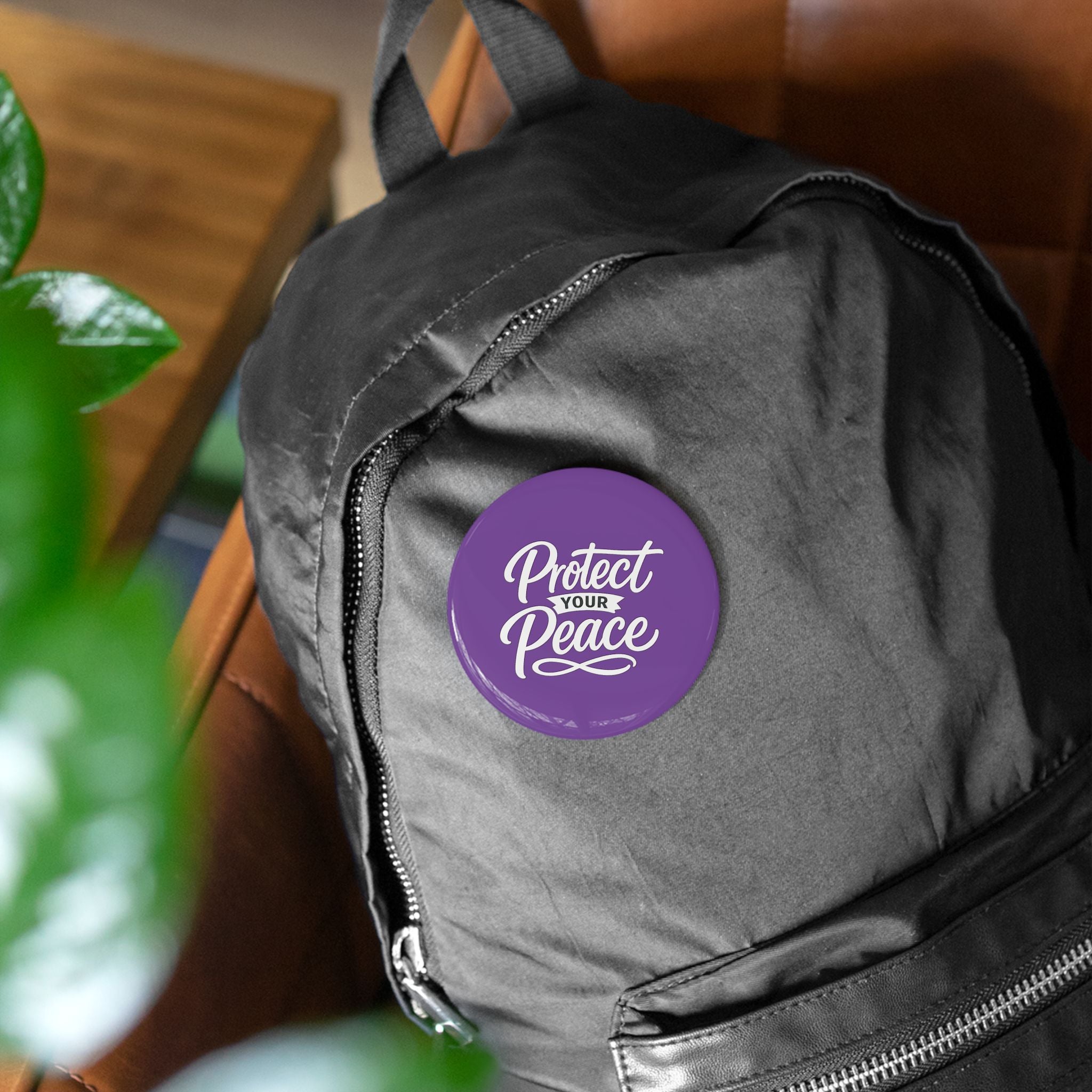 Protect Your Peace Round Pin — Purple Motivational Button Badge
