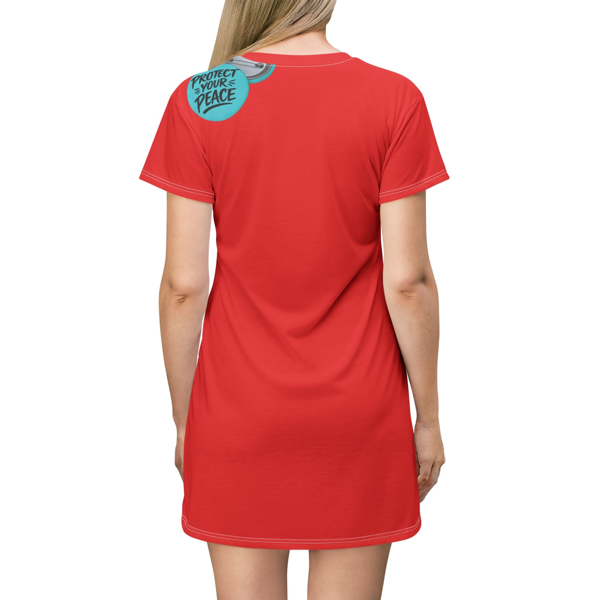 Protect Your Peace Red T-Shirt Dress — Casual AOP Dress with 'Protect Your Peace' Badge