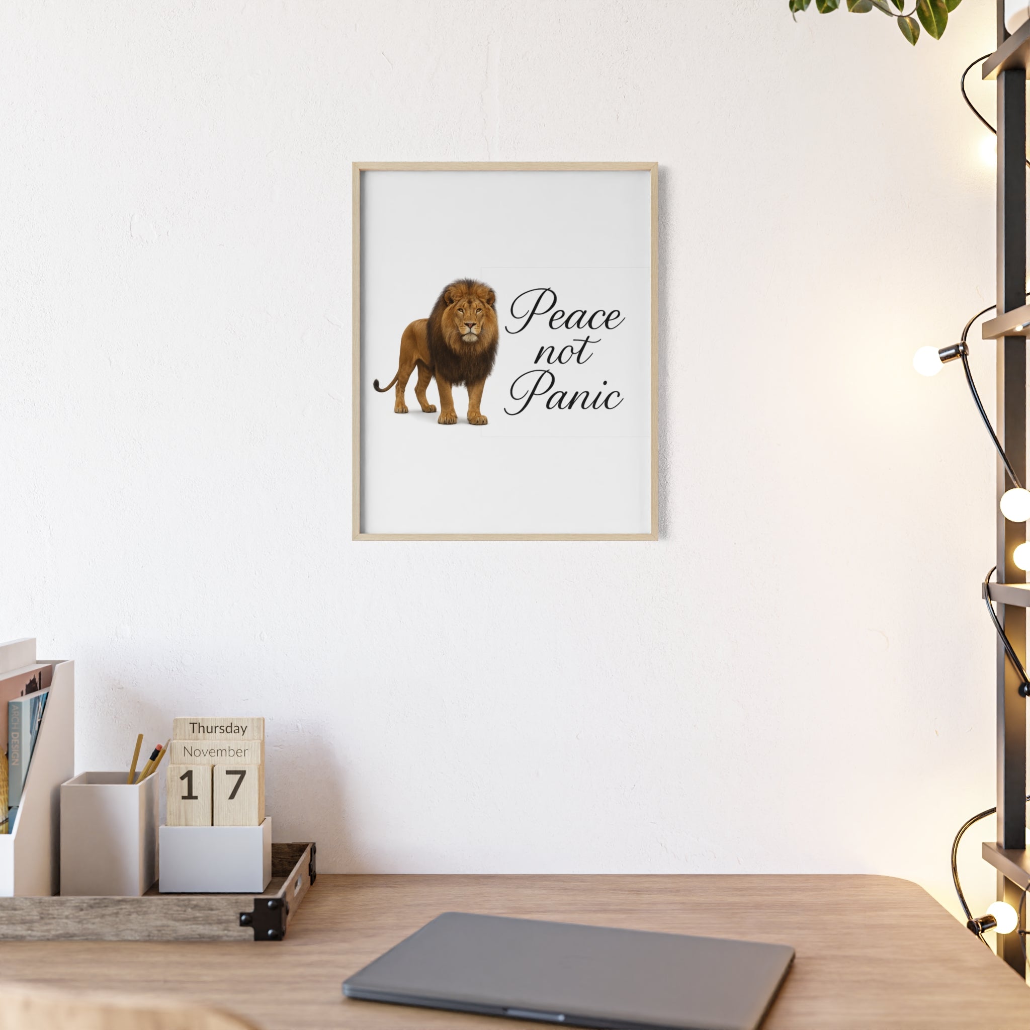 Peace Not Panic Lion Poster with Wooden Frame — Calming Wall Art for Home & Office