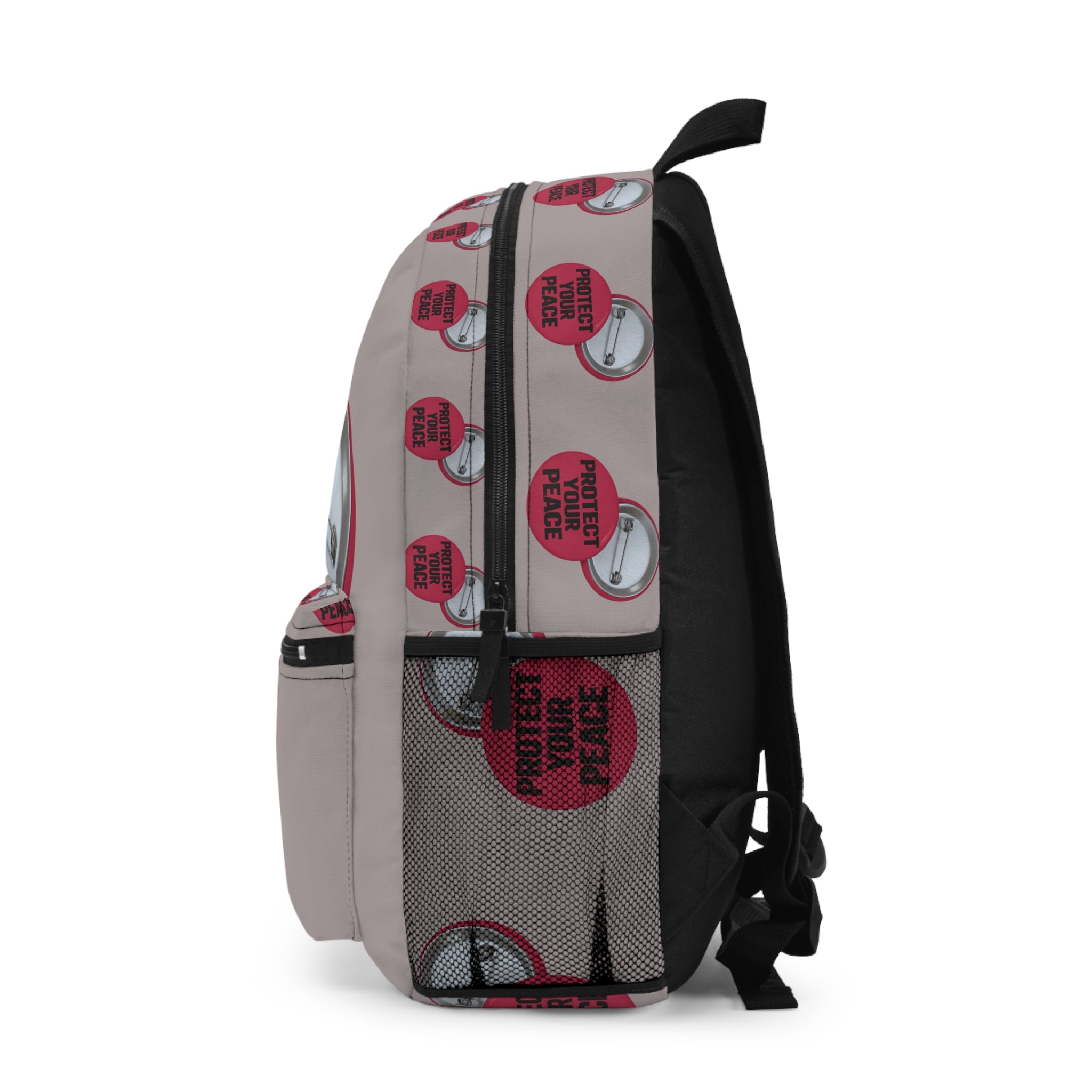 Protect Your Peace Button Backpack – Neutral Grey Daypack with Pink Badge Design