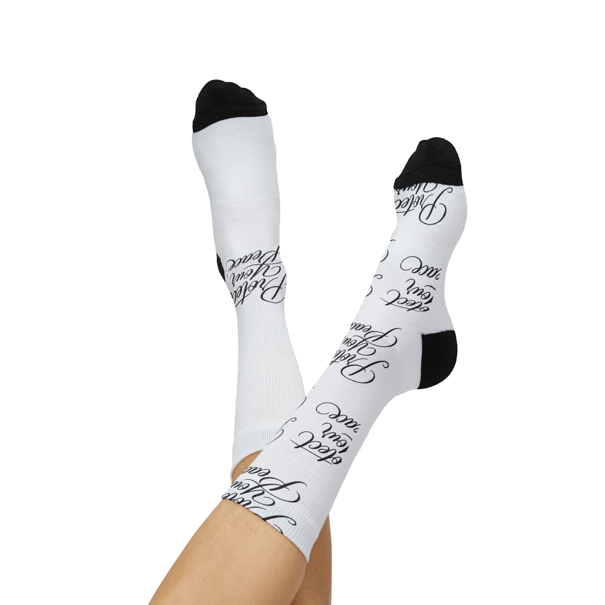 White Scripted 'Protect Your Peace' Sublimation Socks — Inspirational Crew Socks