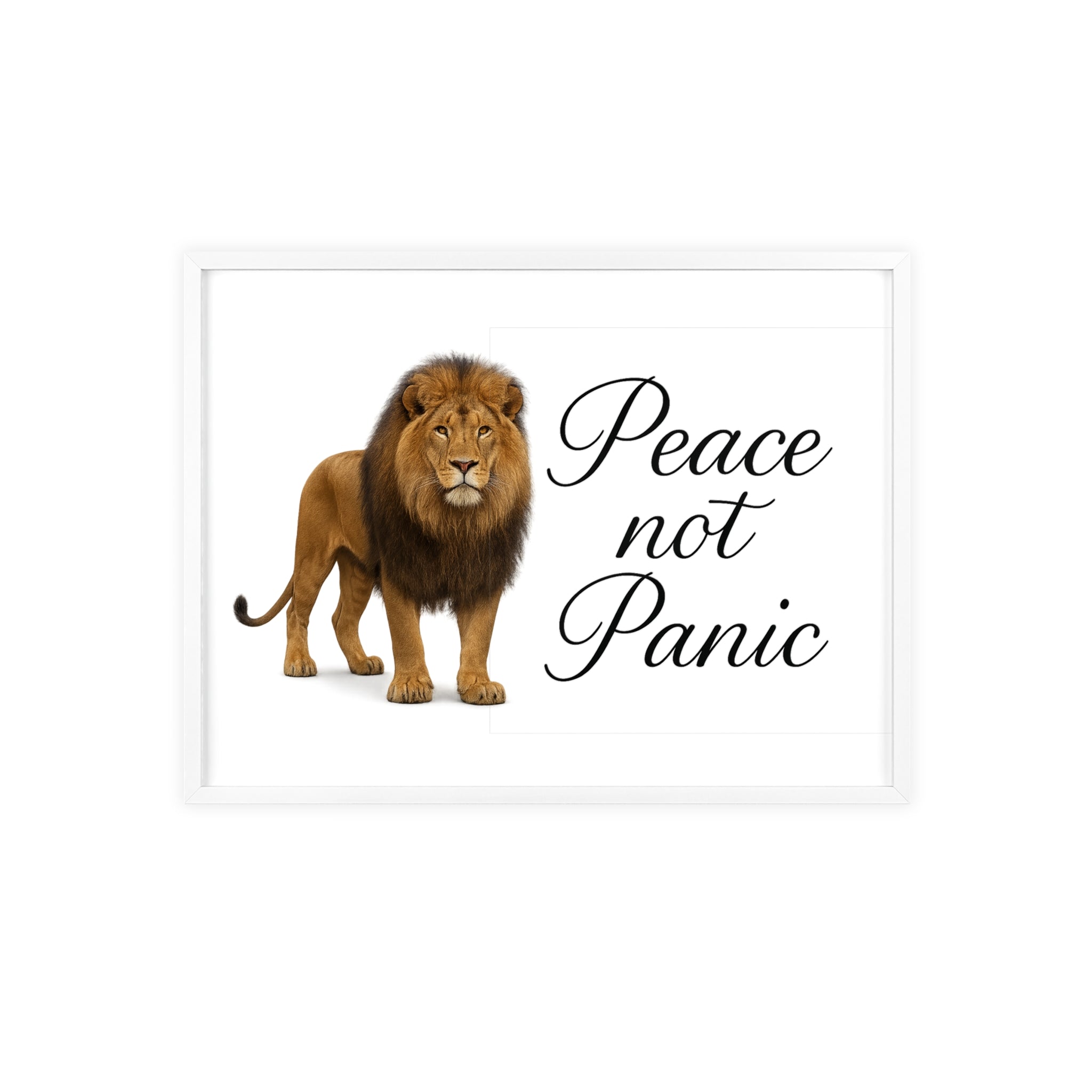 Peace Not Panic Lion Poster with Wooden Frame — Calming Wall Art for Home & Office