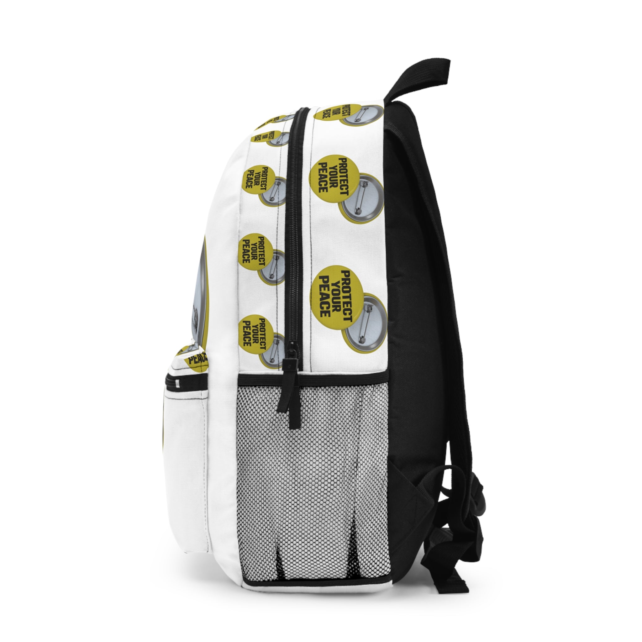 Protect Your Peace Backpack — Yellow Button Graphic Backpack for Students & Everyday Use