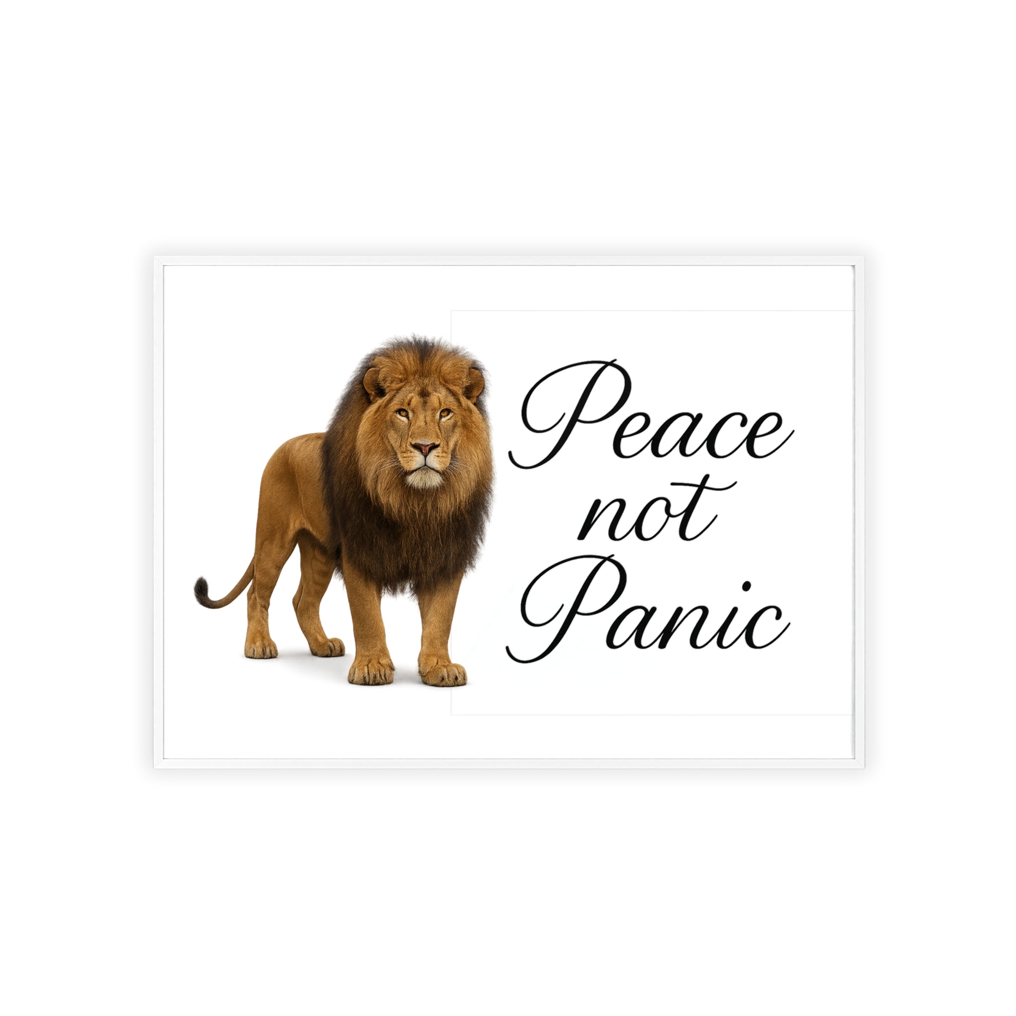 Peace Not Panic Lion Poster with Wooden Frame — Calming Wall Art for Home & Office