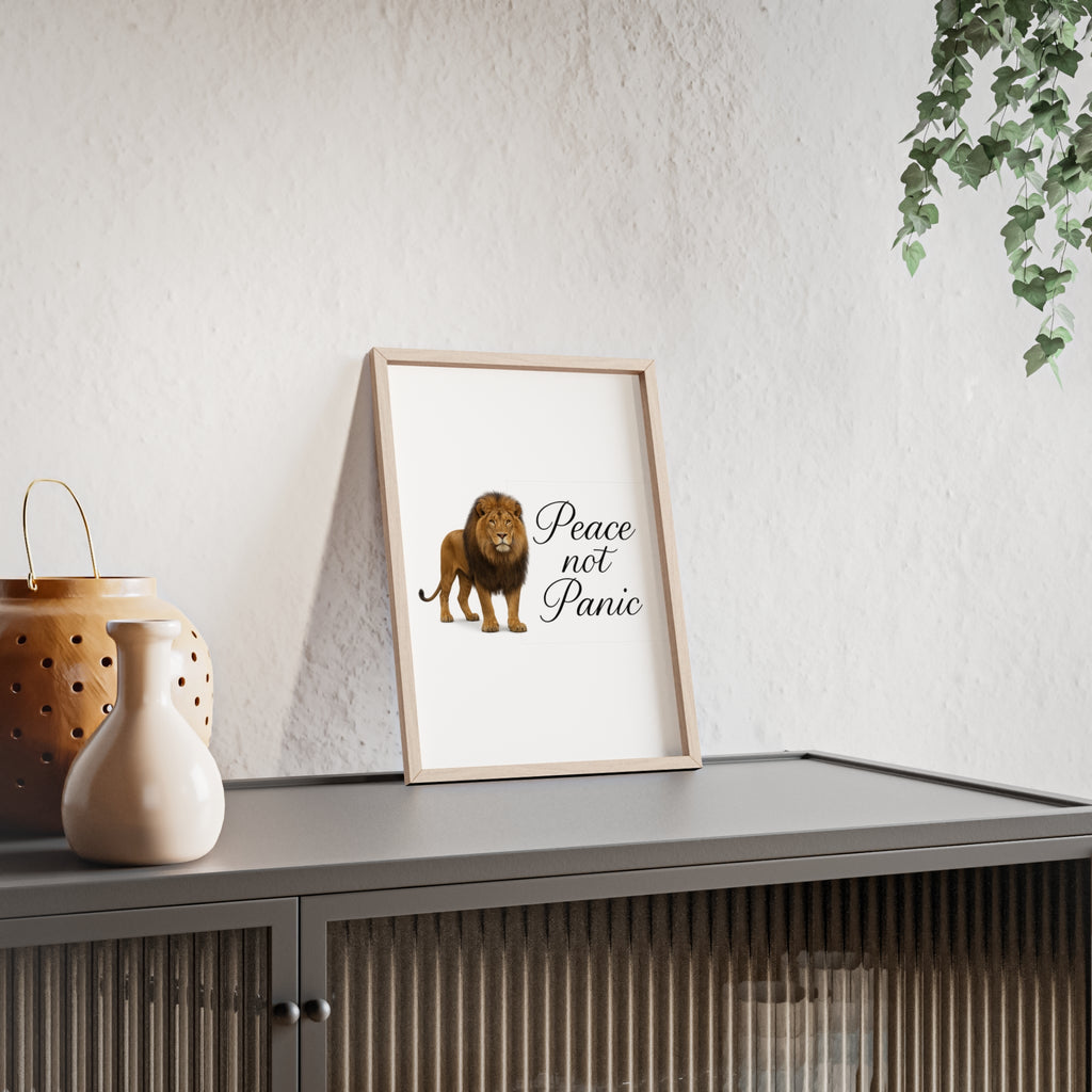 Peace Not Panic Lion Poster with Wooden Frame — Calming Wall Art for Home & Office