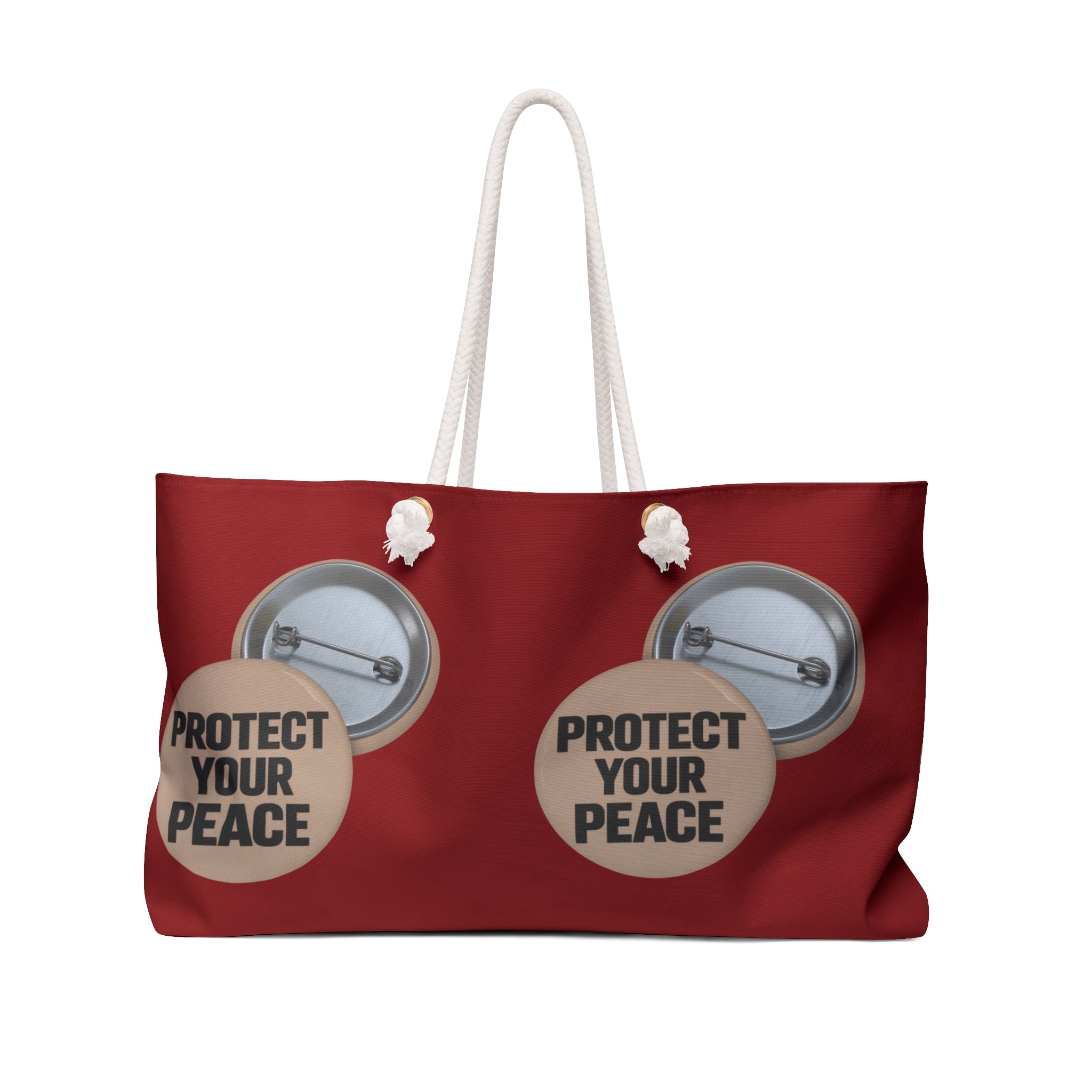 Protect Your Peace Weekender Bag — Maroon Travel Tote with Button Pin Design