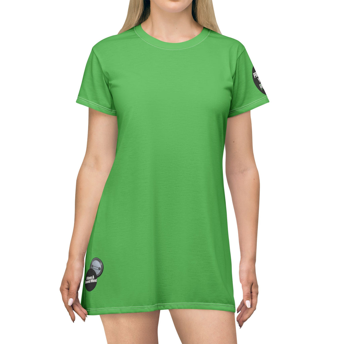Green T-Shirt Dress graphic design I have a sound mind, sleeve protect your peace graphic design.