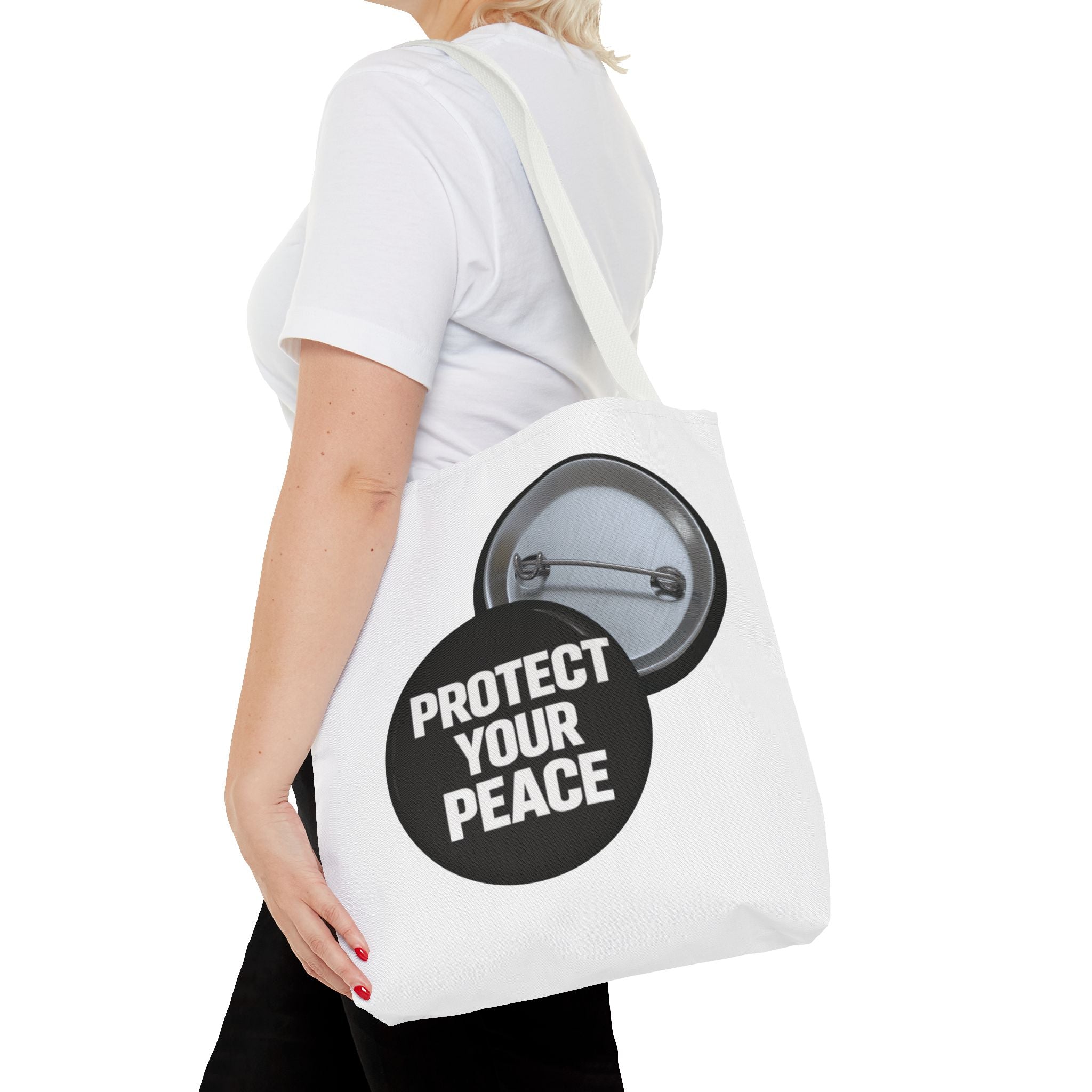Tote — "Protect Your Peace" Button Design Cotton Tote Bag