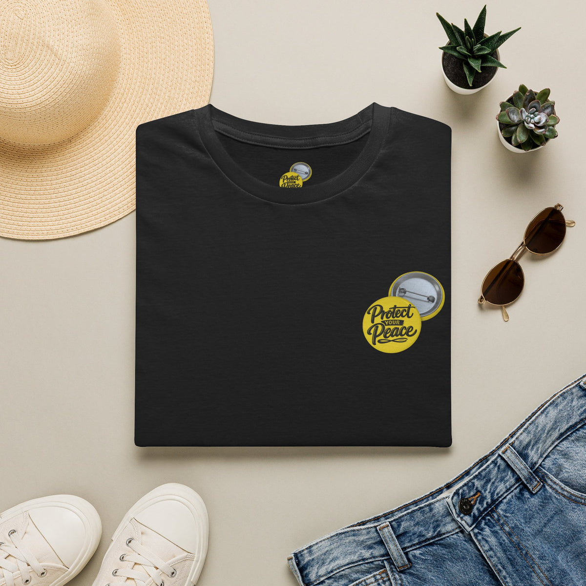 T-Shirt — 'Protect the Peace' Yellow Badge Casual Tee