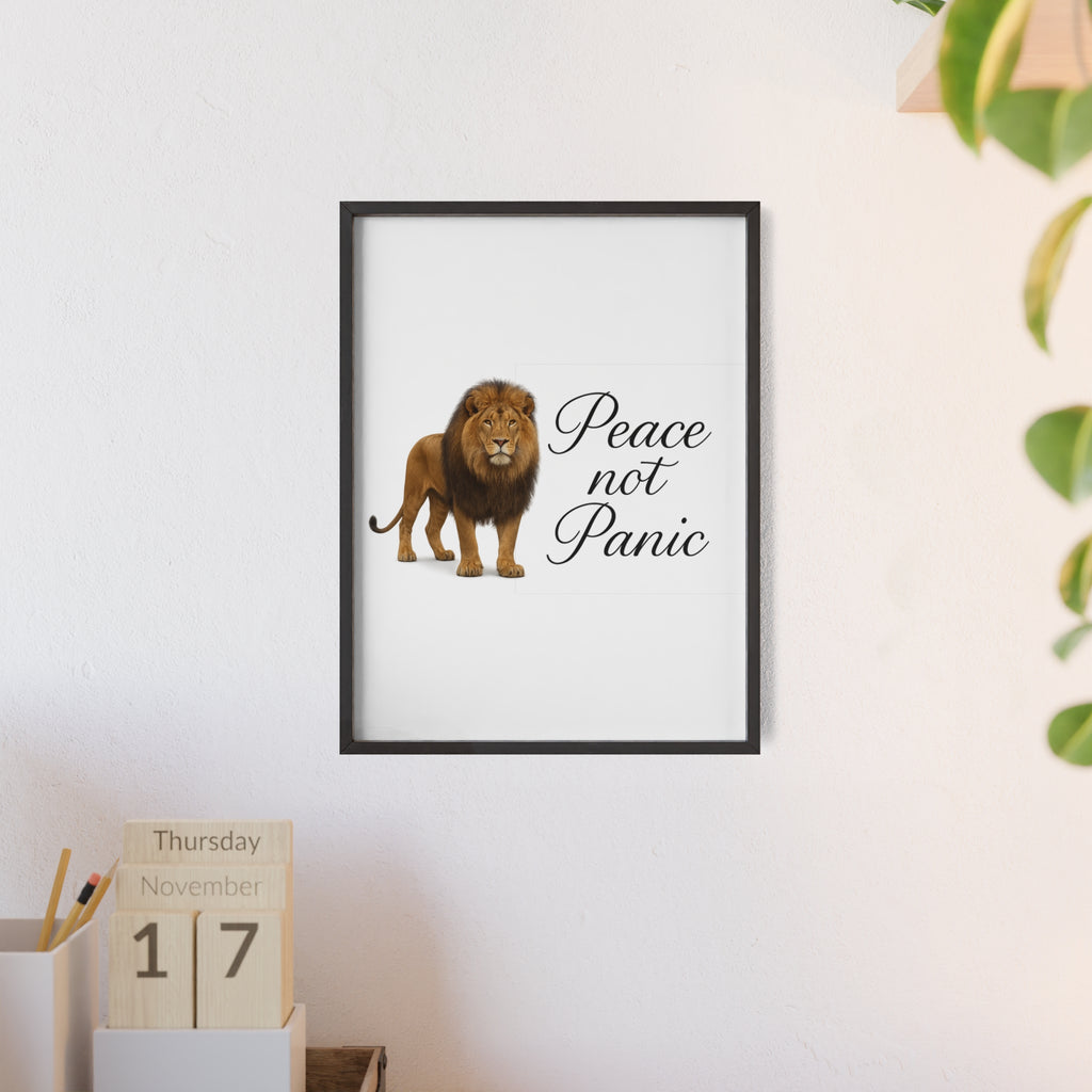 Peace Not Panic Lion Poster with Wooden Frame — Calming Wall Art for Home & Office