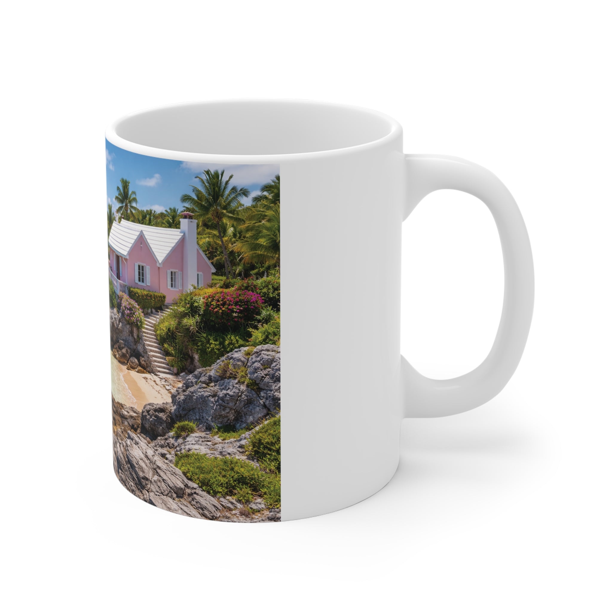 Tropical Beach Mug — Turquoise Ocean & Pink Cottage Coffee Cup