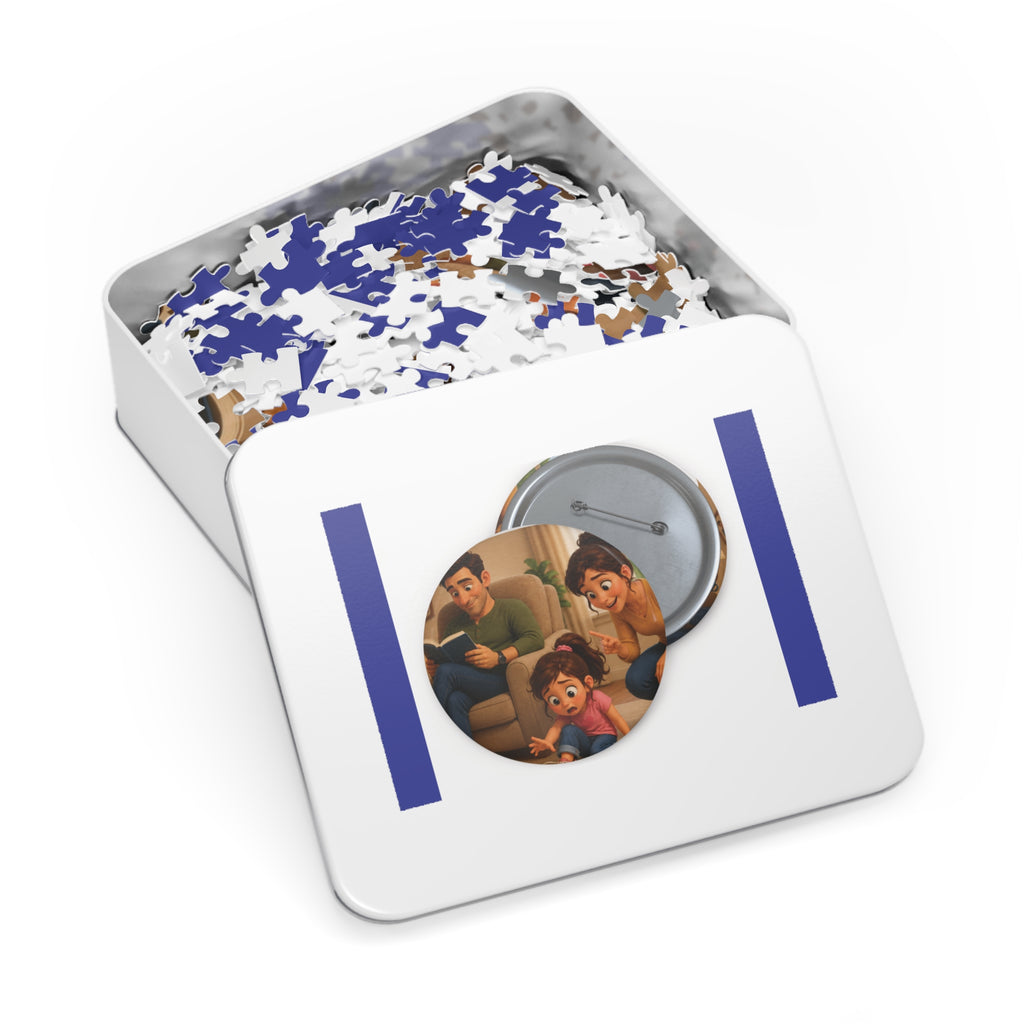Family Movie Night Round Pin Puzzle with Tin — 252-Piece Keepsake Jigsaw