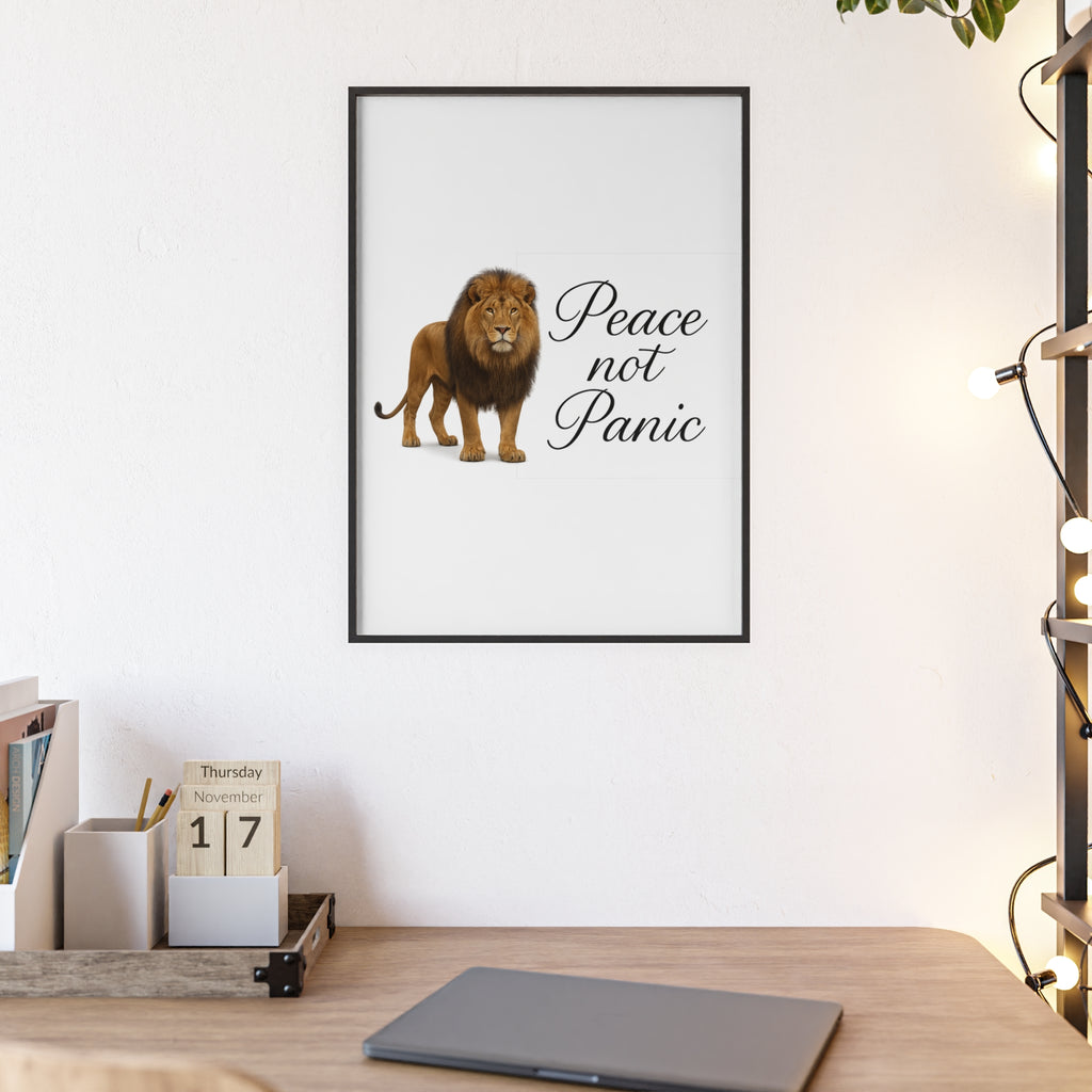 Peace Not Panic Lion Poster with Wooden Frame — Calming Wall Art for Home & Office