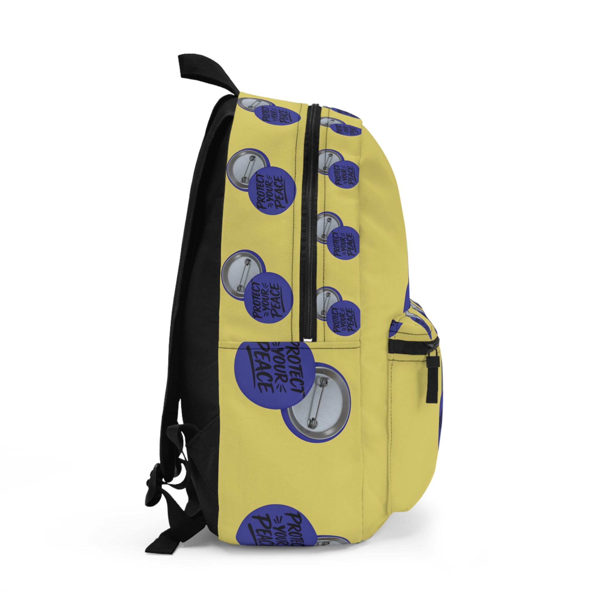 Protect Your Peace Button Backpack — Yellow Pin-Button Pattern School Bag