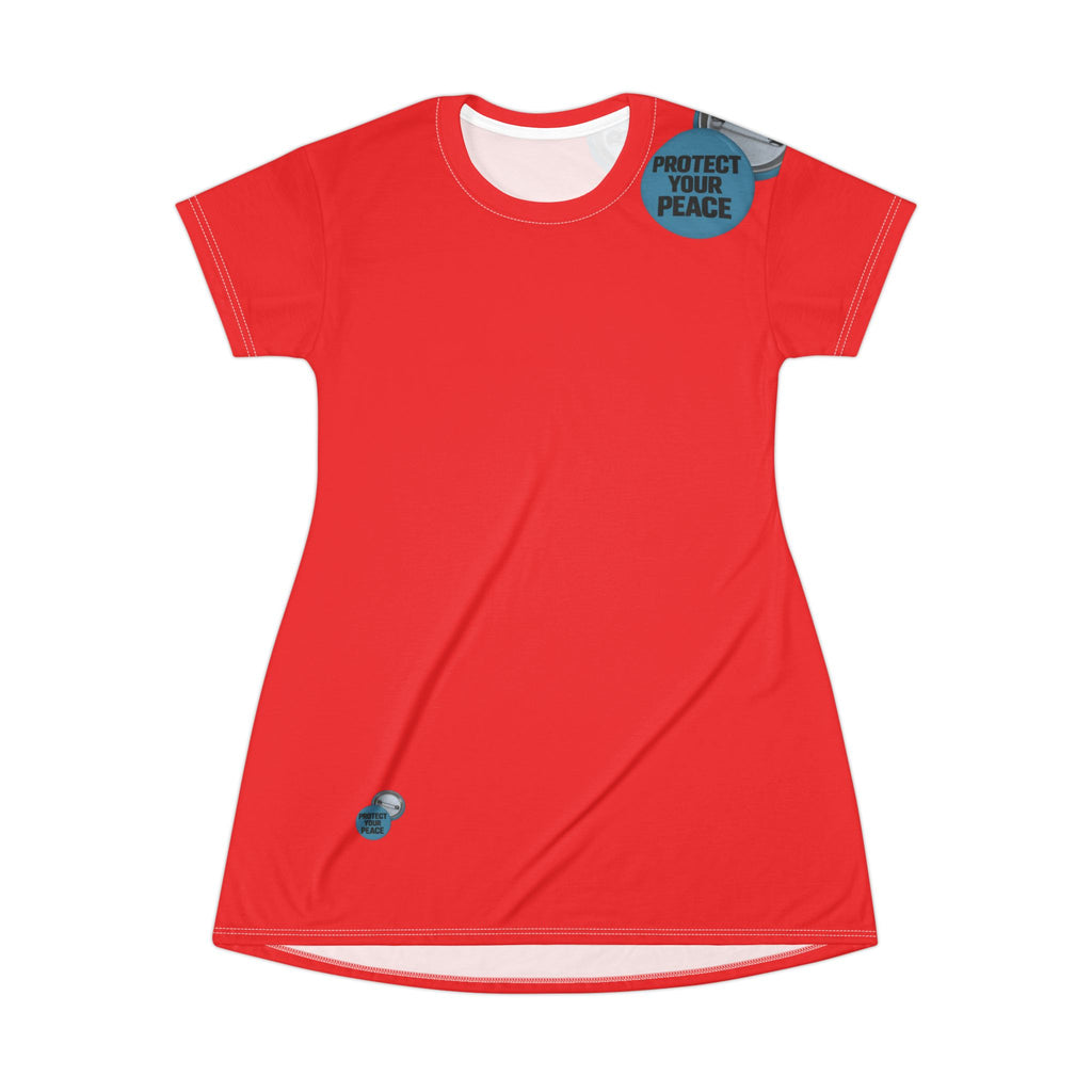T-Shirt Dress — "Protect Your Peace" Tag Graphic AOP Women's Casual Dress