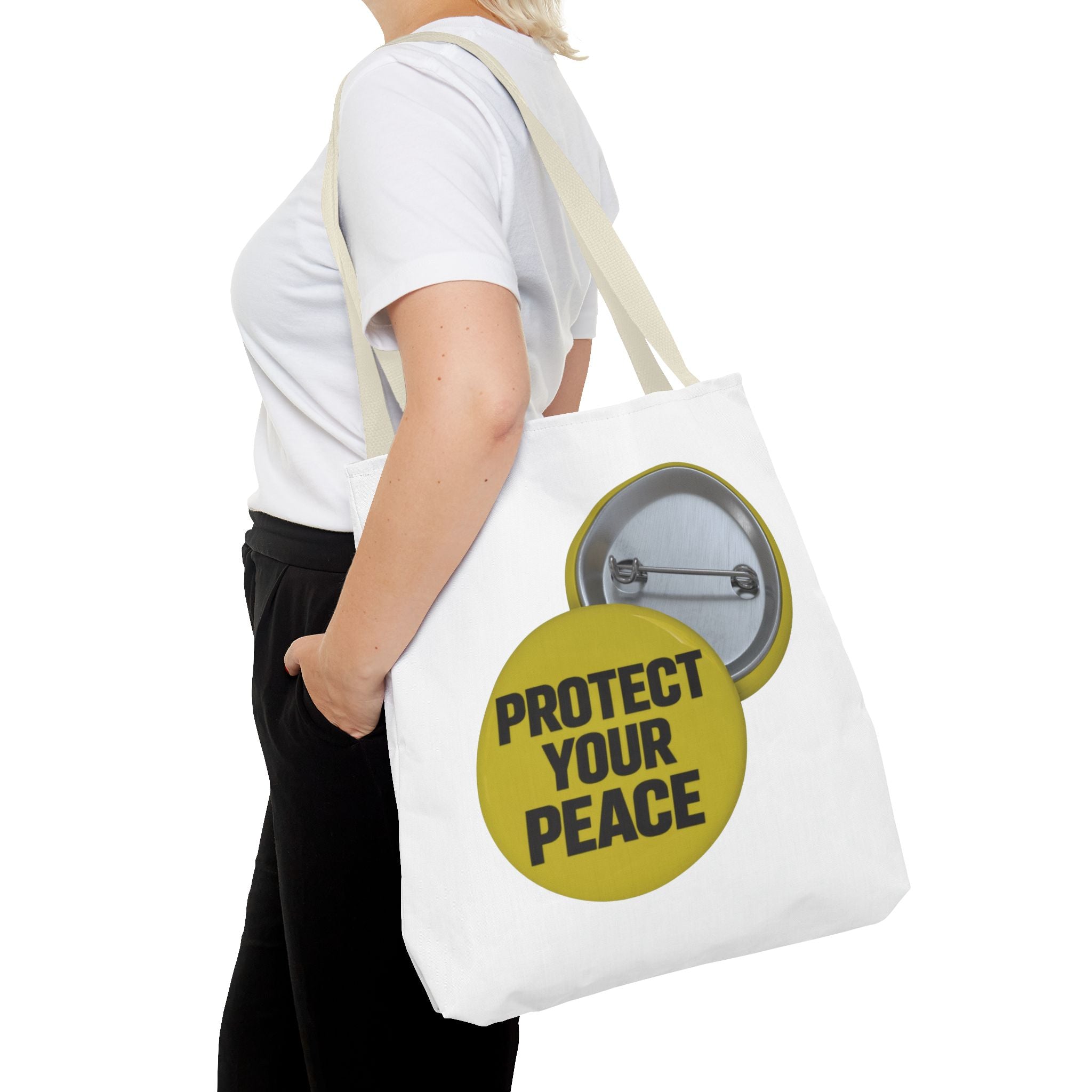 Protect Your Peace Tote Bag — Inspirational Yellow Button Graphic Tote