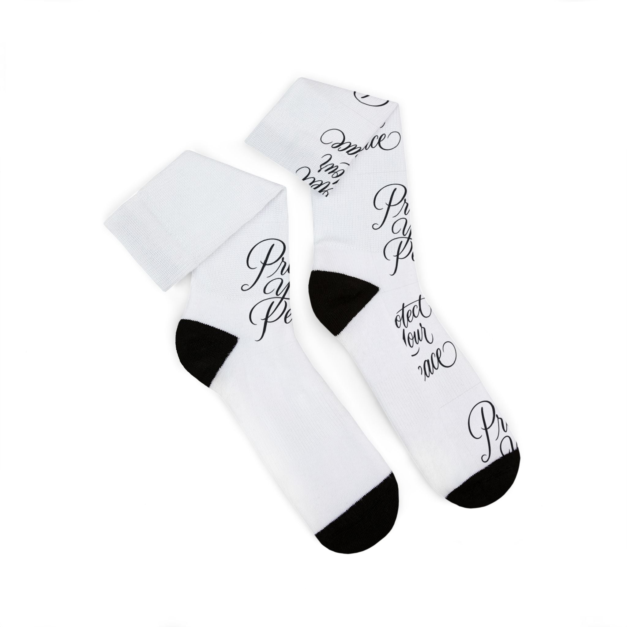 White Scripted 'Protect Your Peace' Sublimation Socks — Inspirational Crew Socks
