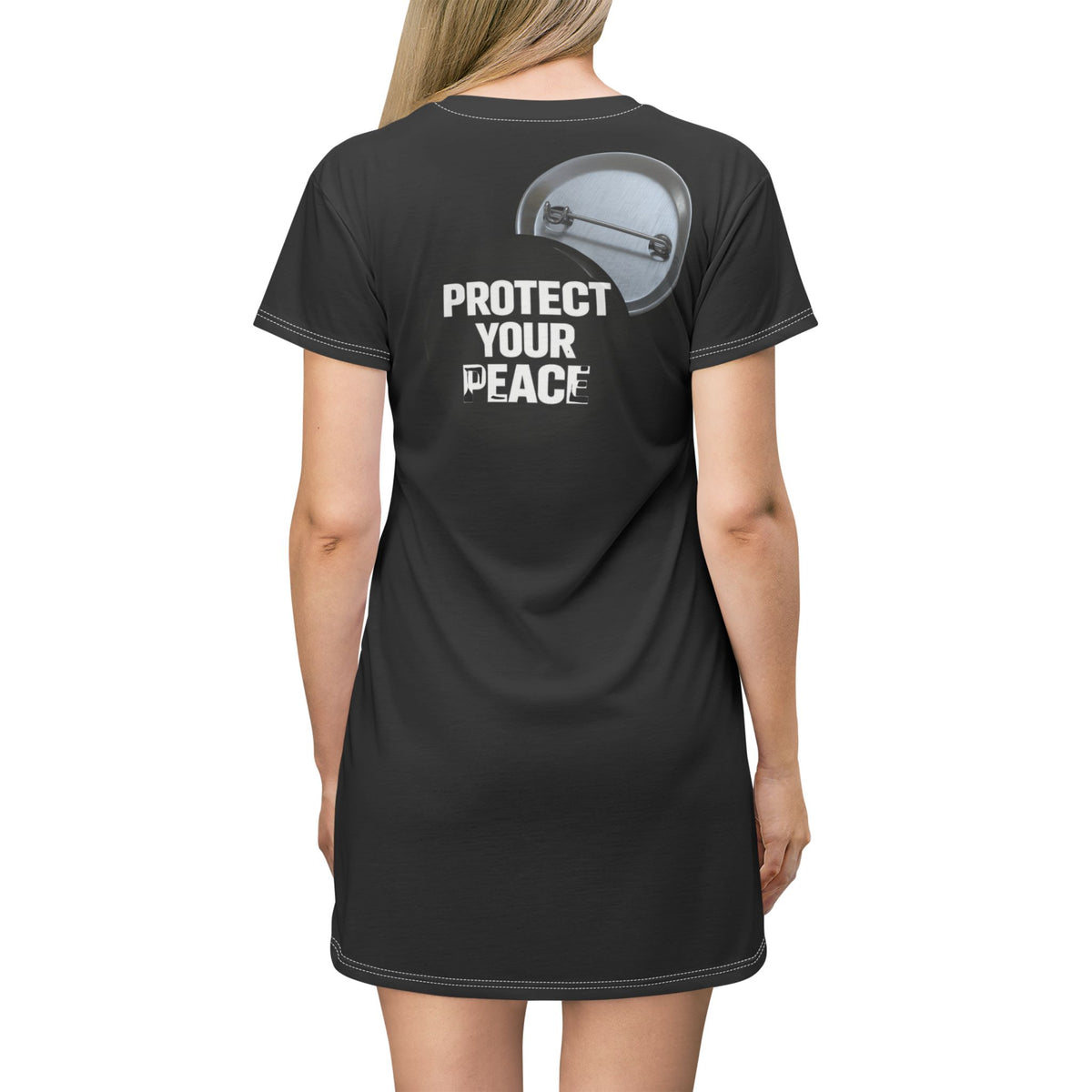 Protect Your Peace T-Shirt Dress — Graphic Black AOP Message Dress
