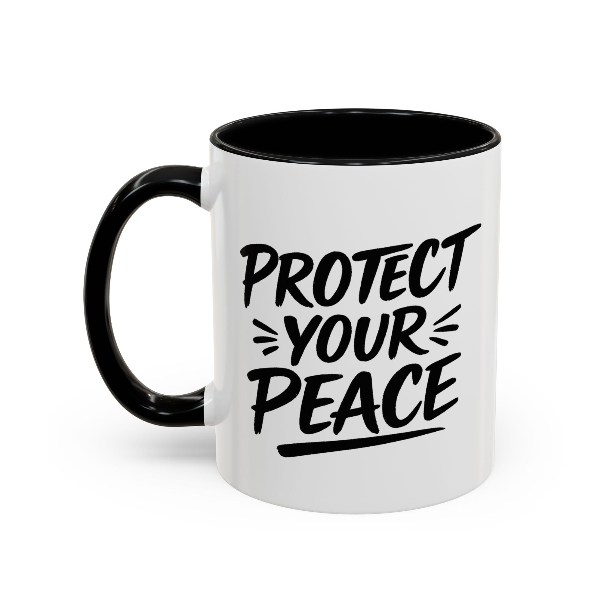 Protect Your Peace Accent Coffee Mug — Inspirational Black & White Ceramic