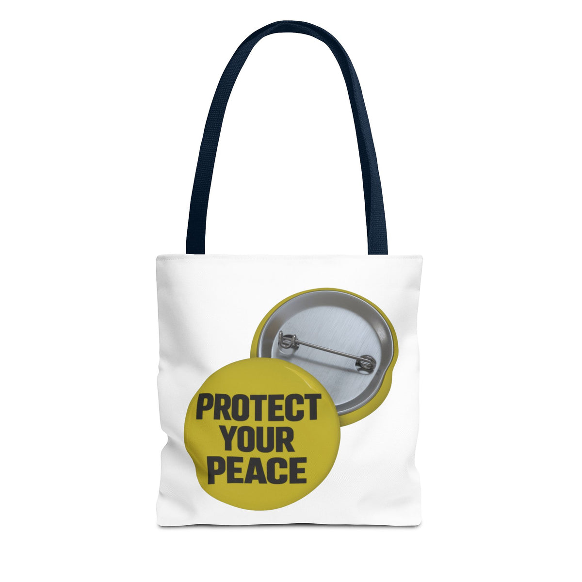 Protect Your Peace Tote Bag — Inspirational Yellow Button Graphic Tote