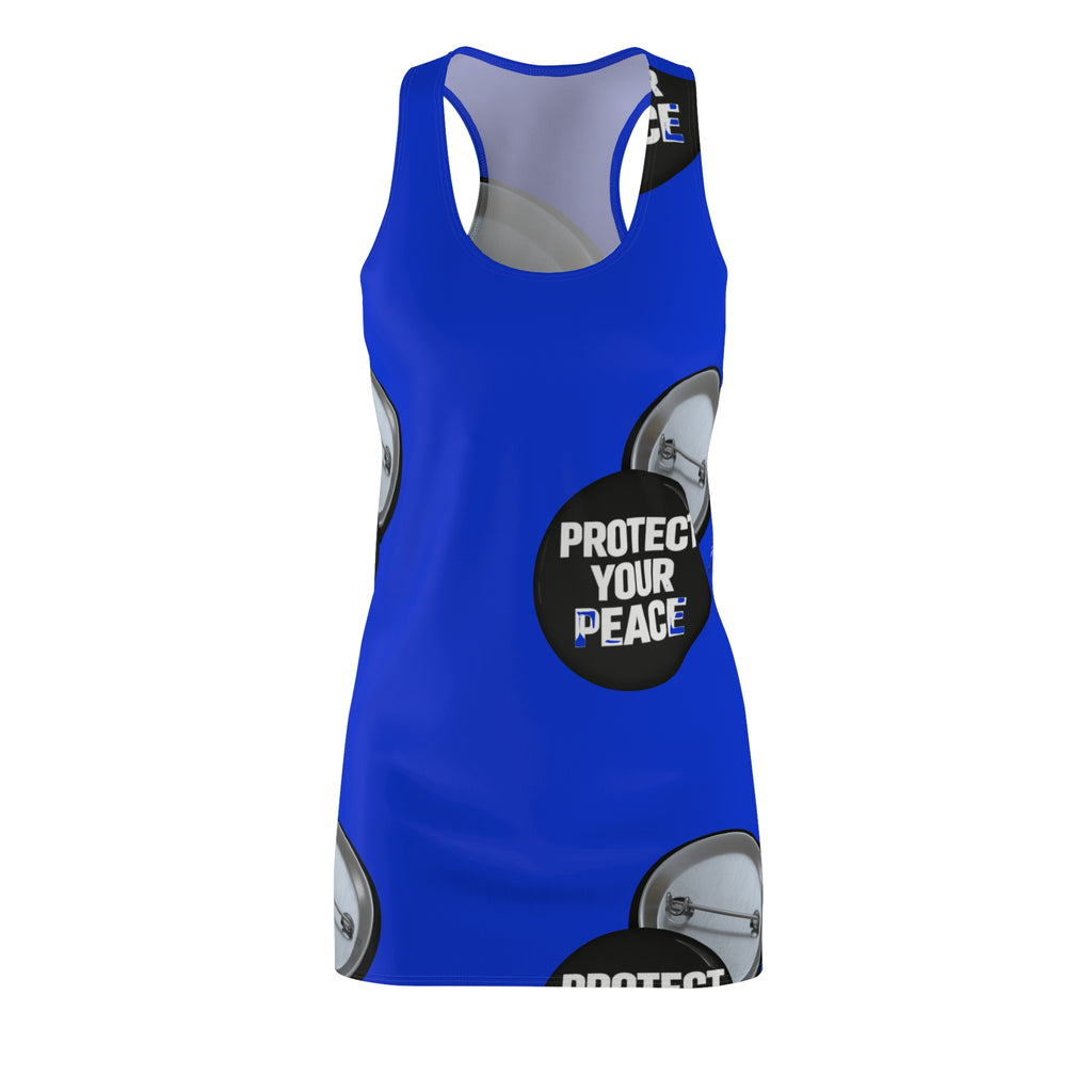 Racerback Dress — 'Protect Your Peace' Button Print, Blue All-Over-Print